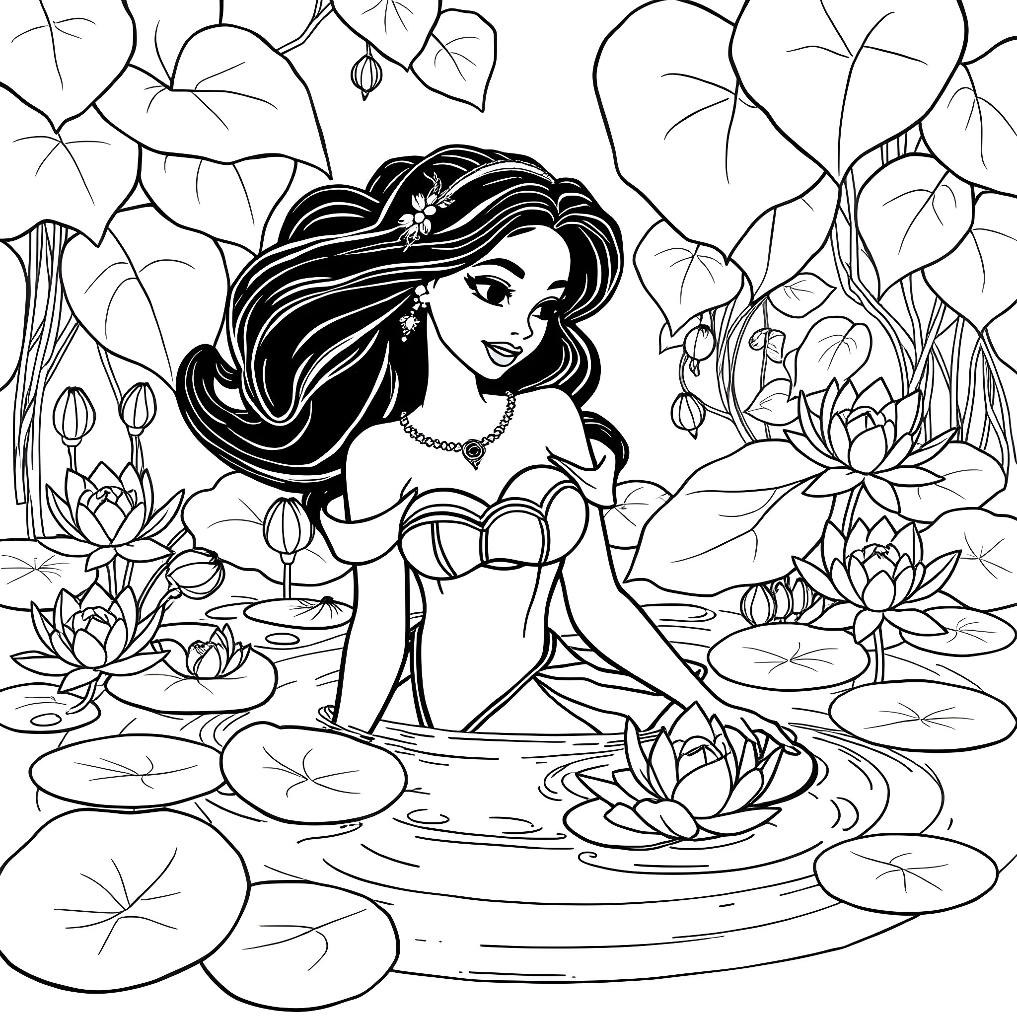 Tiana enjoying the tranquil pond with lotus flowers Coloring Page (free black-and-white line drawing printable PDF for all, from beginners to advanced learners, including children, teens, adults, and seniors)