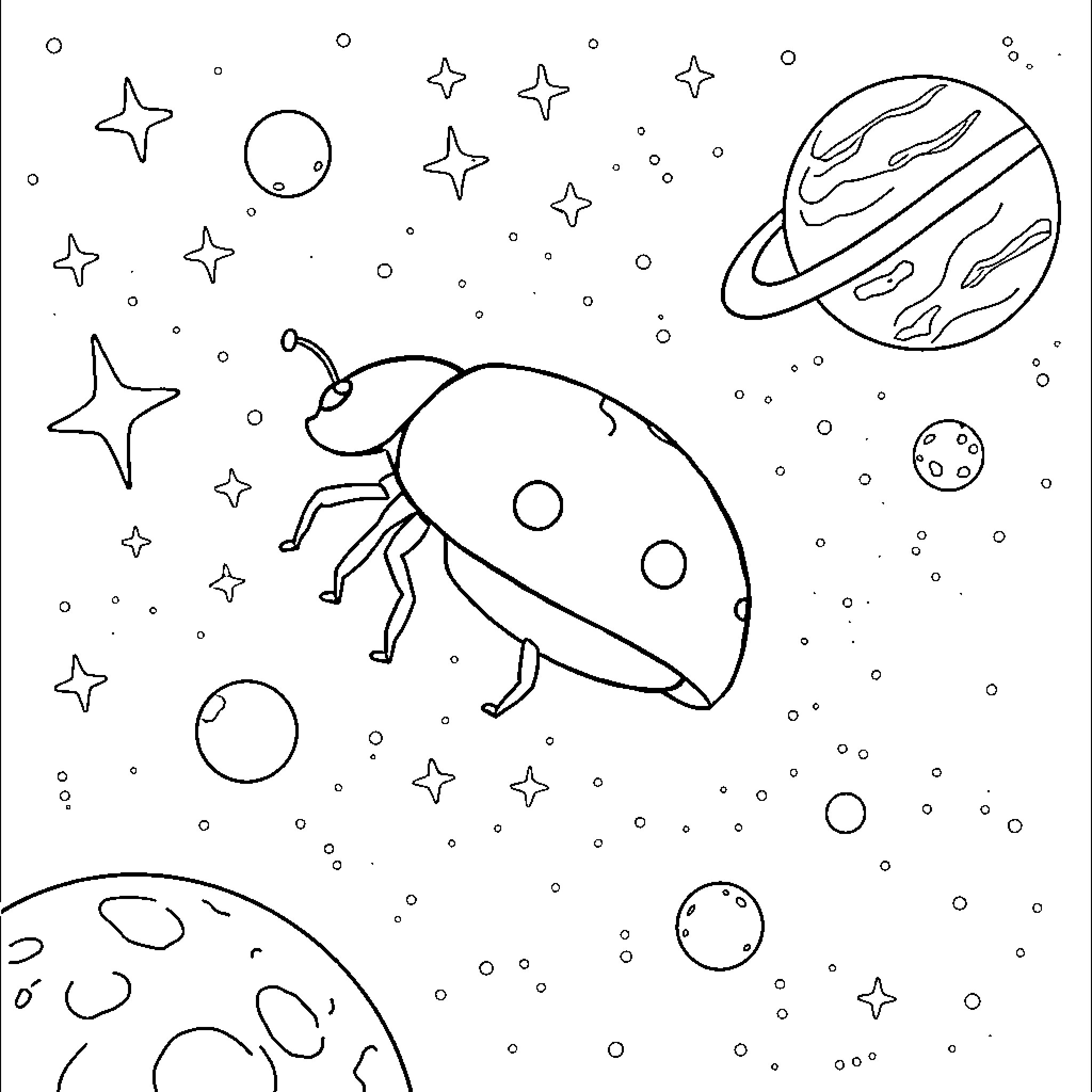 Ladybug exploring the cosmic universe Coloring Page (free black-and-white line drawing printable PDF for all, from beginners to advanced learners, including children, teens, adults, and seniors)