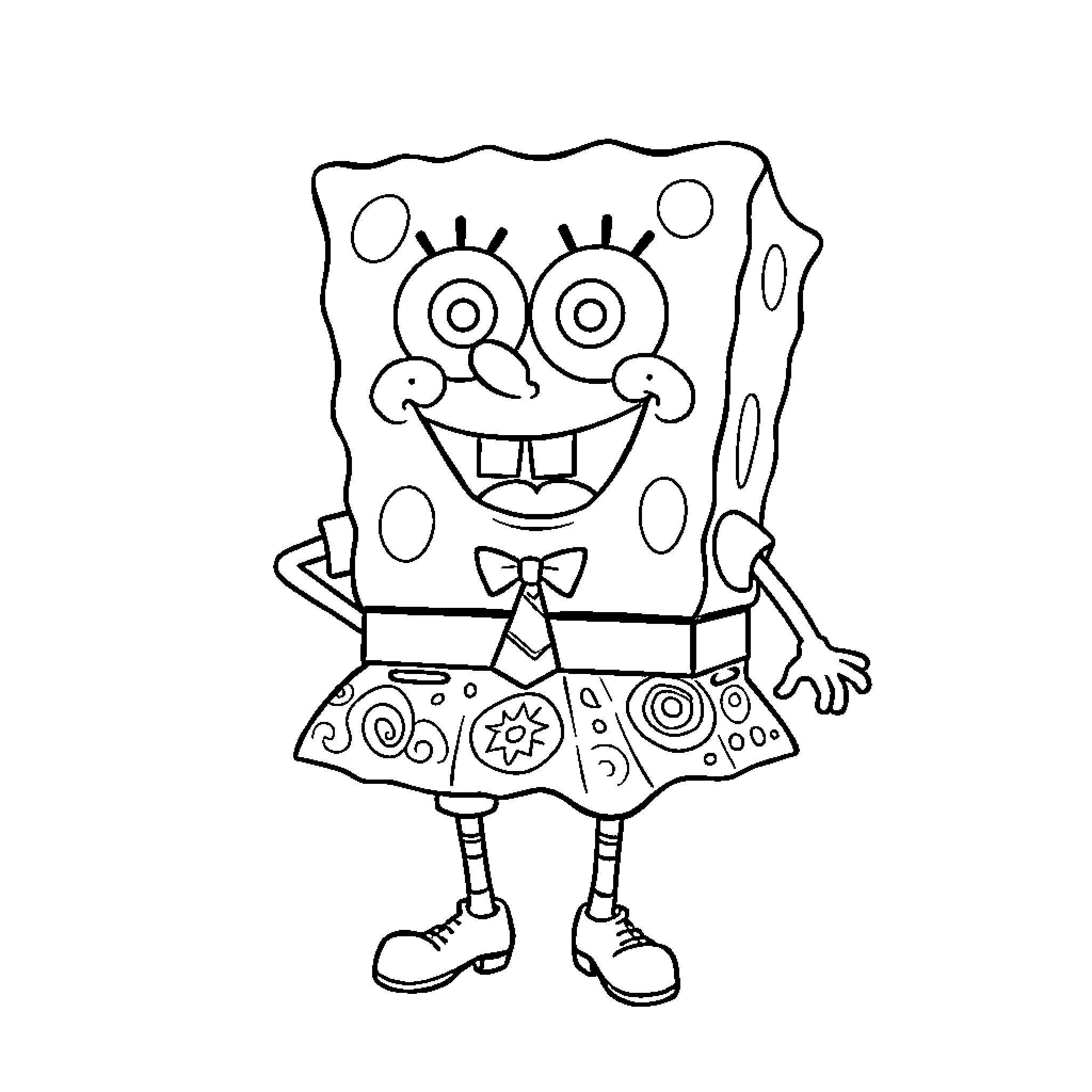 Spongebob's joyful expression and quirky attire Coloring Page (free black-and-white line drawing printable PDF for all, from beginners to advanced learners, including children, teens, adults, and seniors)