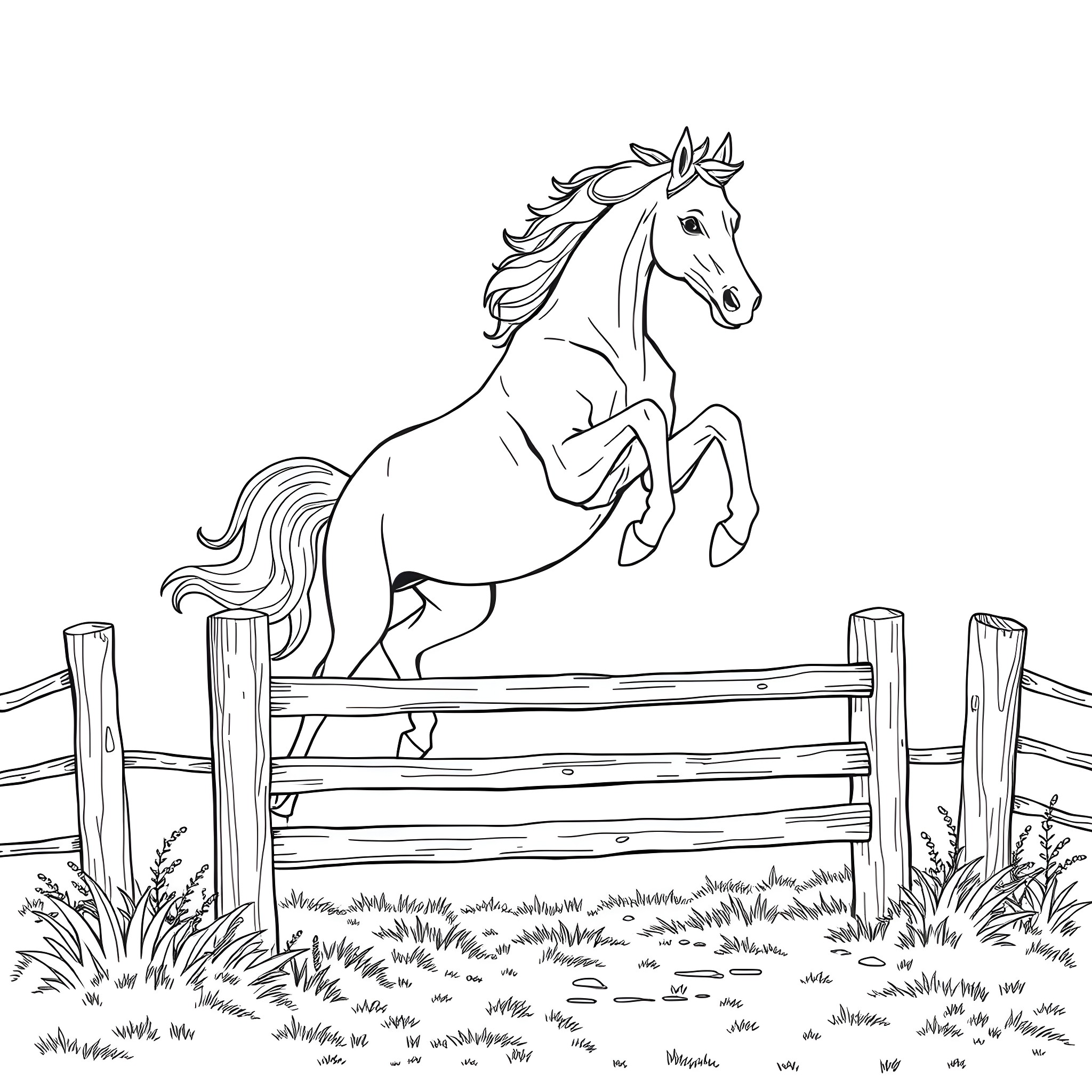 Horse jumping over fence in a field Coloring Page (free black-and-white line drawing printable PDF for all, from beginners to advanced learners, including children, teens, adults, and seniors)