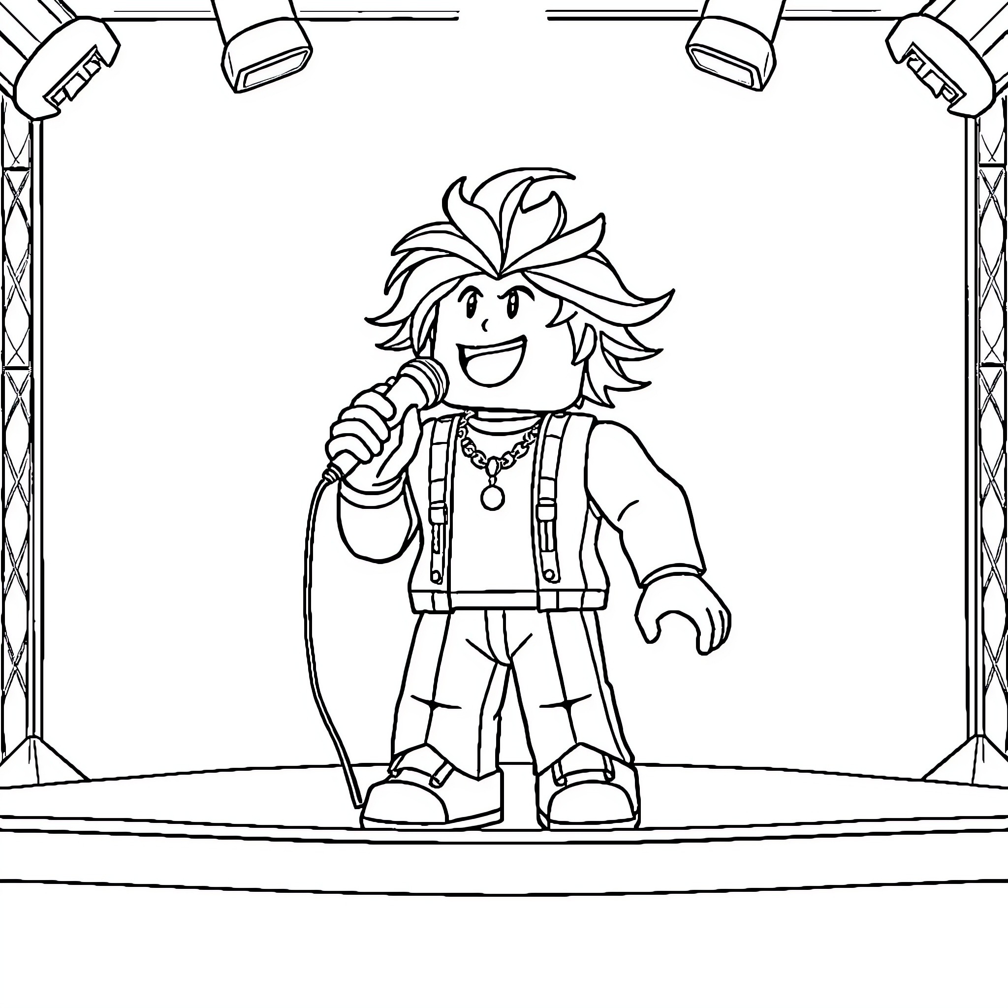 Roblox Character performing on stage Coloring Page (free black-and-white line drawing printable PDF for all, from beginners to advanced learners, including children, teens, adults, and seniors)