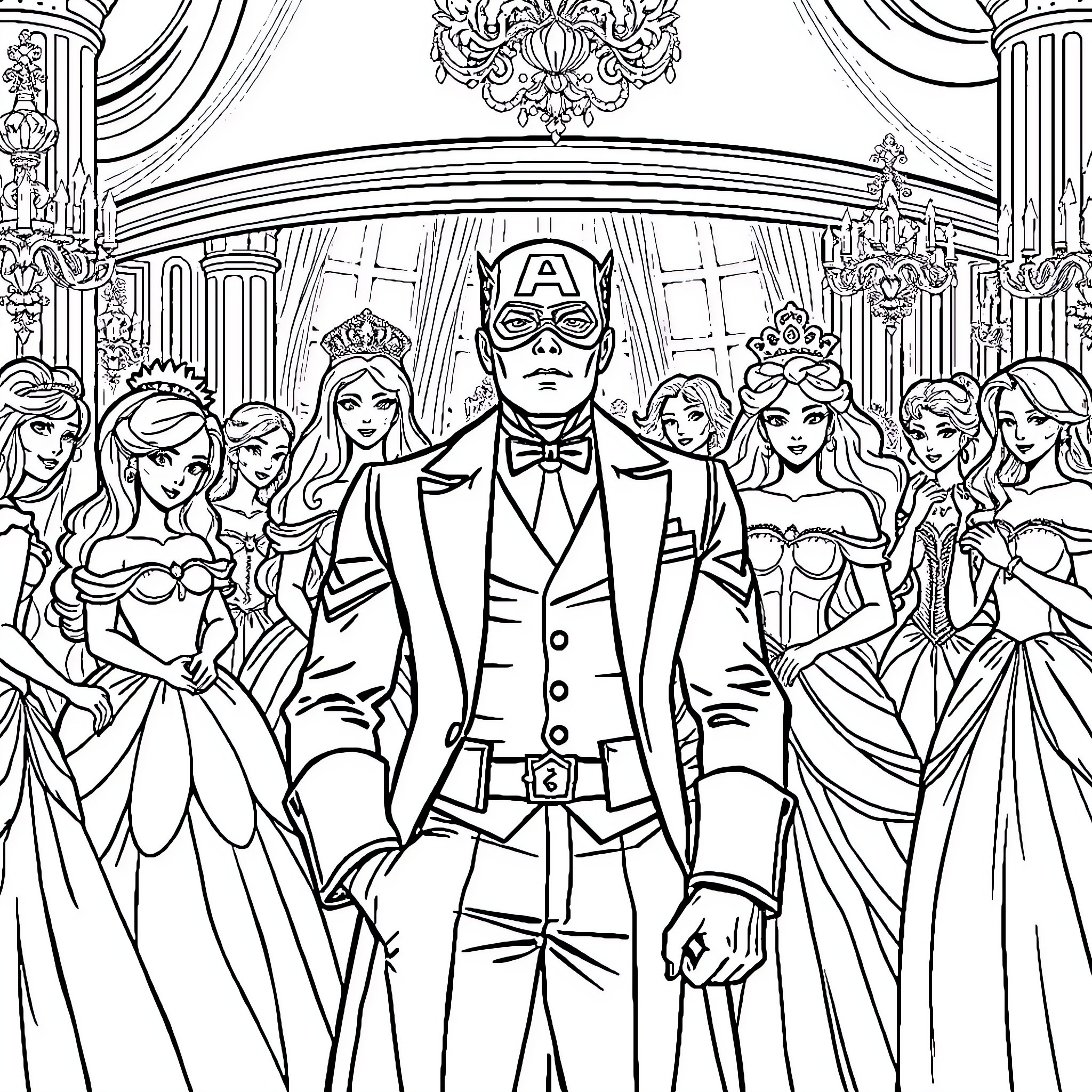Captain America Attends a Formal Royal Ball Coloring Page (free black-and-white line drawing printable PDF for all, from beginners to advanced learners, including children, teens, adults, and seniors)