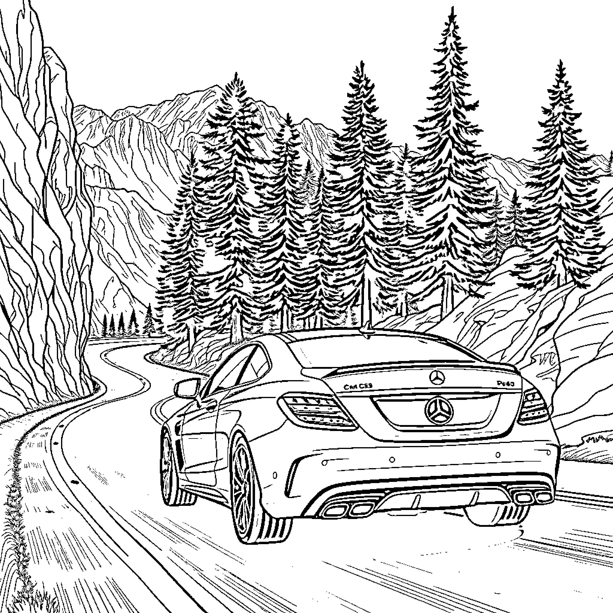 Mercedes luxury car in scenic mountain landscape Coloring Page (free black-and-white line drawing printable PDF for all, from beginners to advanced learners, including children, teens, adults, and seniors)