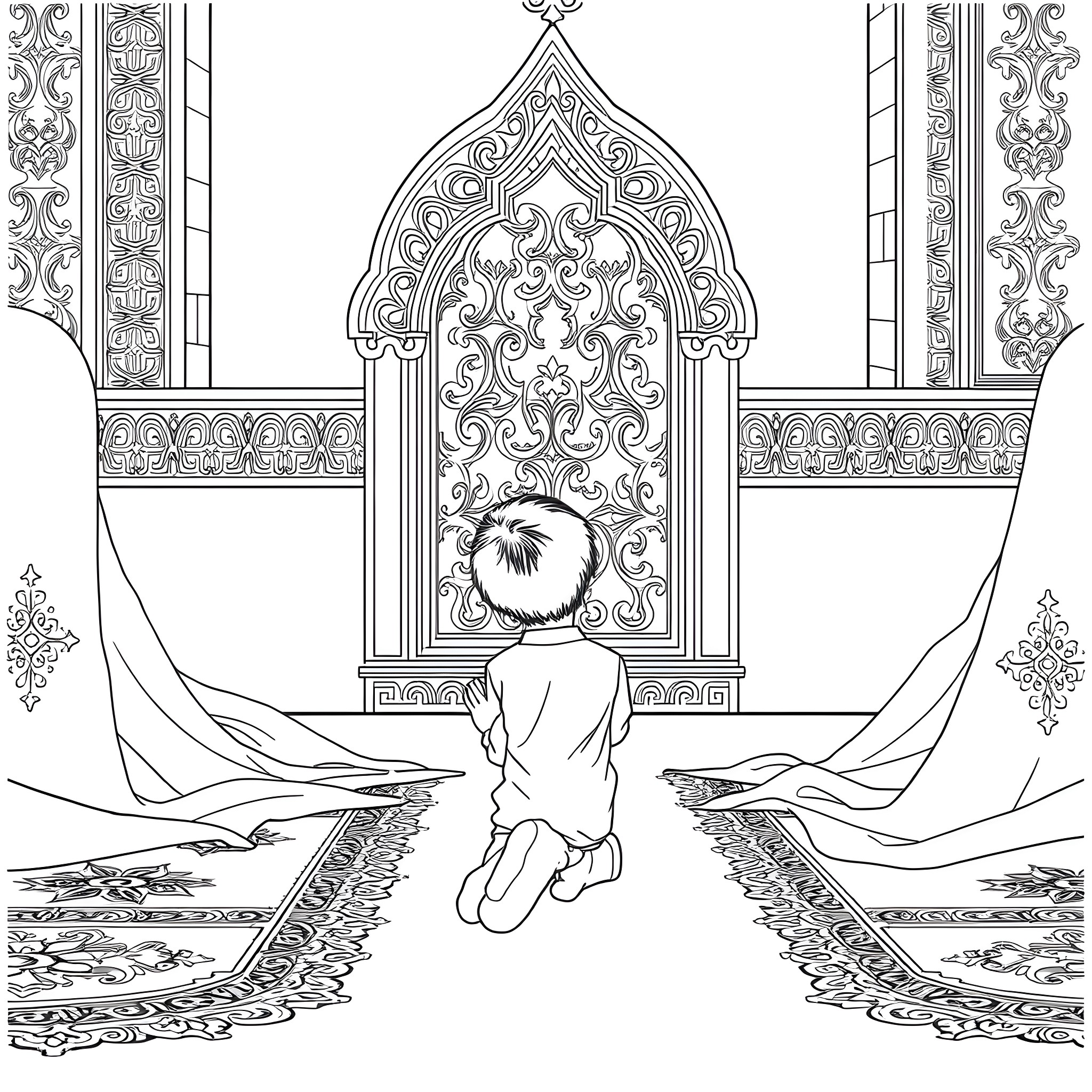 Muslim Boy Praying Peacefully in an Ornate Mosque Coloring Page (free black-and-white line drawing printable PDF for all, from beginners to advanced learners, including children, teens, adults, and seniors)