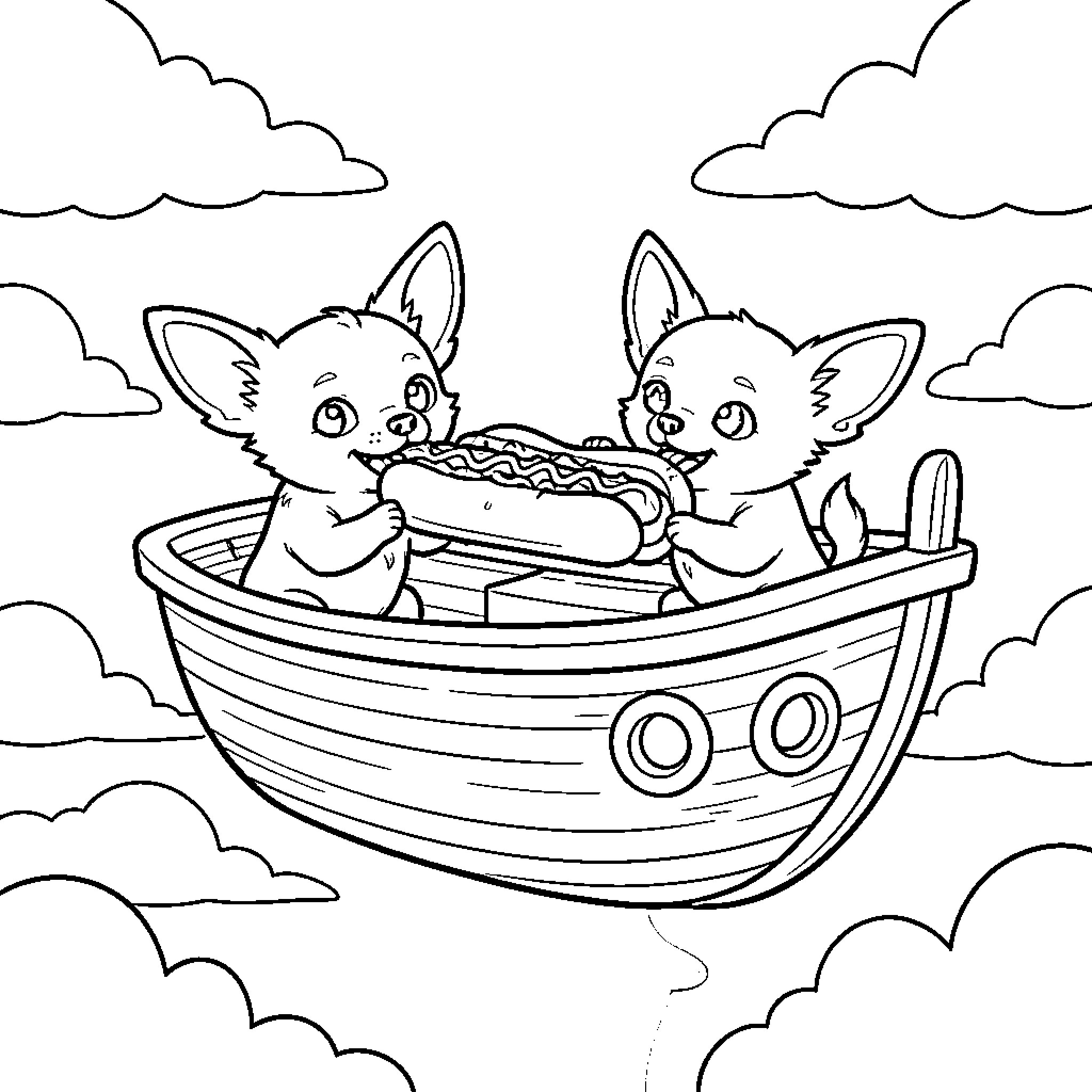 Chihuahuas sailing in a boat Coloring Page (free black-and-white line drawing printable PDF for all, from beginners to advanced learners, including children, teens, adults, and seniors)