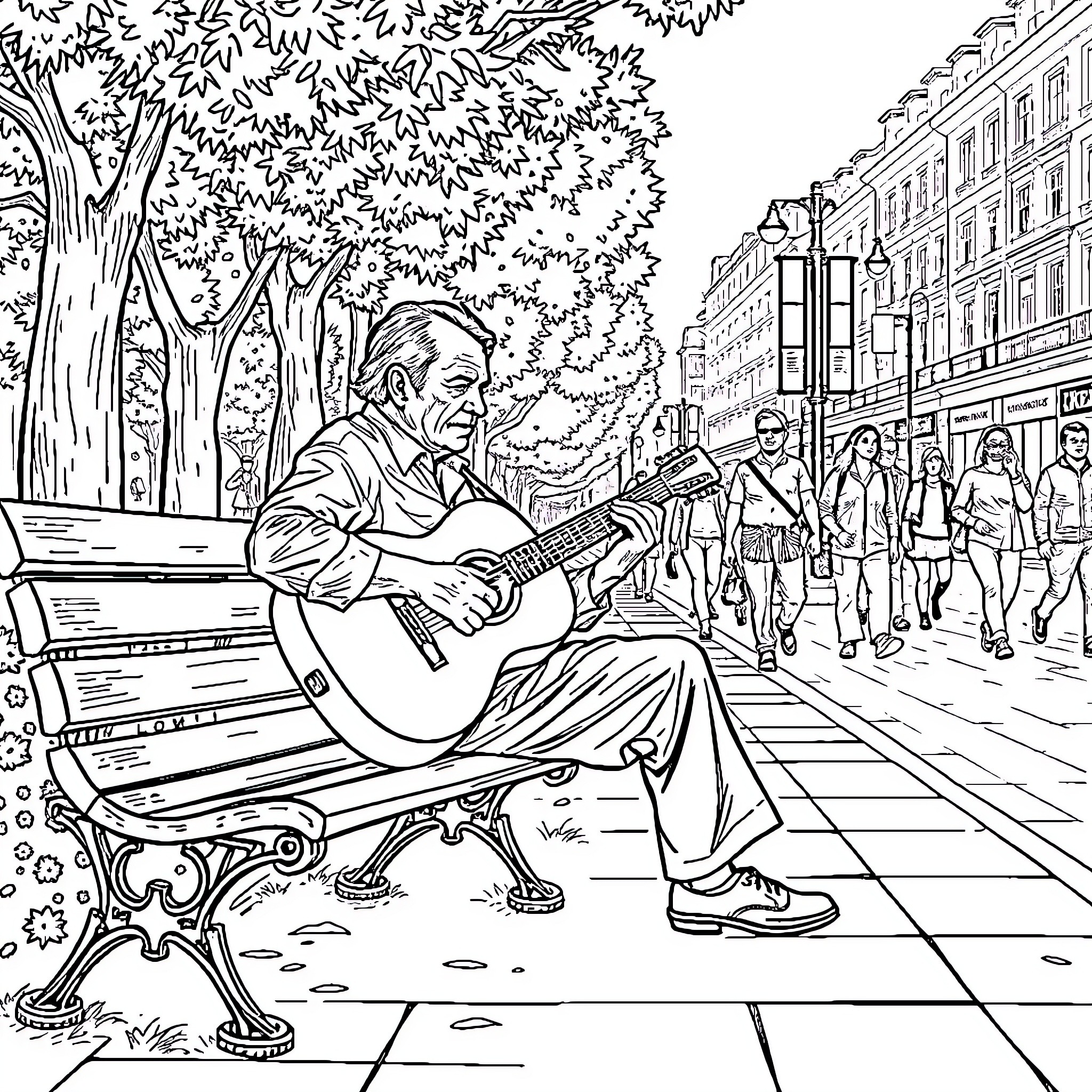 Man playing guitar on a city street bench Coloring Page (free black-and-white line drawing printable PDF for all, from beginners to advanced learners, including children, teens, adults, and seniors)