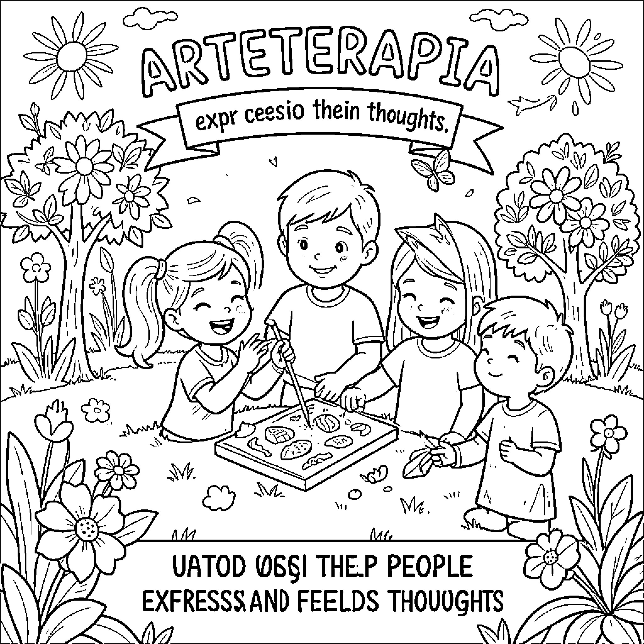 Art Therapy of children expressing thoughts through drawing Coloring Page (free black-and-white line drawing printable PDF for all, from beginners to advanced learners, including children, teens, adults, and seniors)