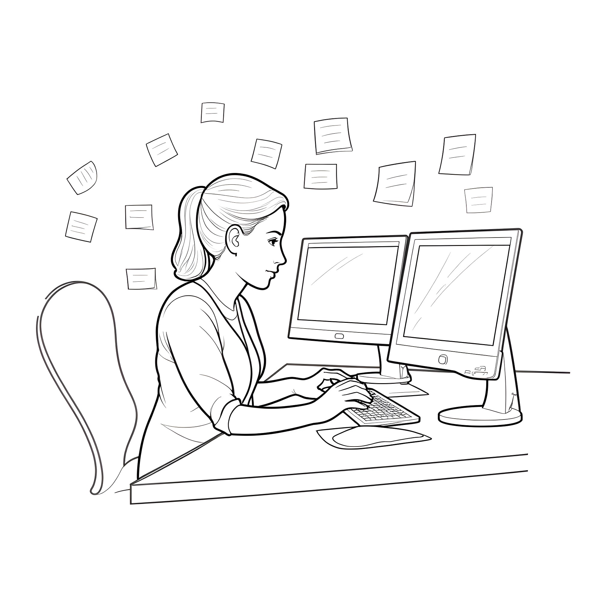 Clerical Worker Typing at Desk with Computer Screens Coloring Page (free black-and-white line drawing printable PDF for all, from beginners to advanced learners, including children, teens, adults, and seniors)