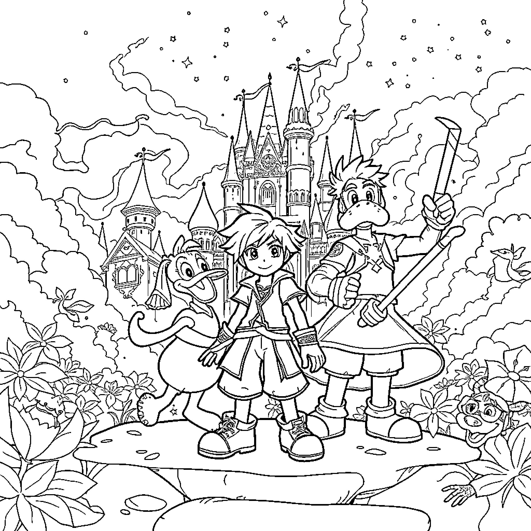 Kingdom Hearts characters explore fantastical castle landscape Coloring Page (free black-and-white line drawing printable PDF for all, from beginners to advanced learners, including children, teens, adults, and seniors)