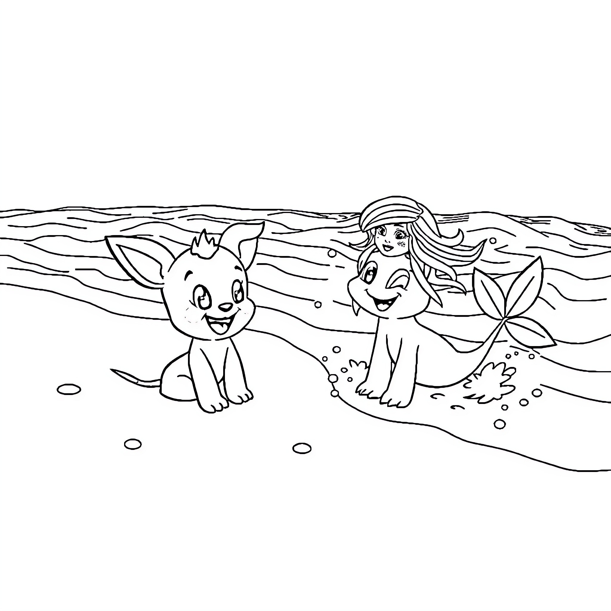 Bingo Puppies Playing in the Beach Coloring Page (free black-and-white line drawing printable PDF for all, from beginners to advanced learners, including children, teens, adults, and seniors)