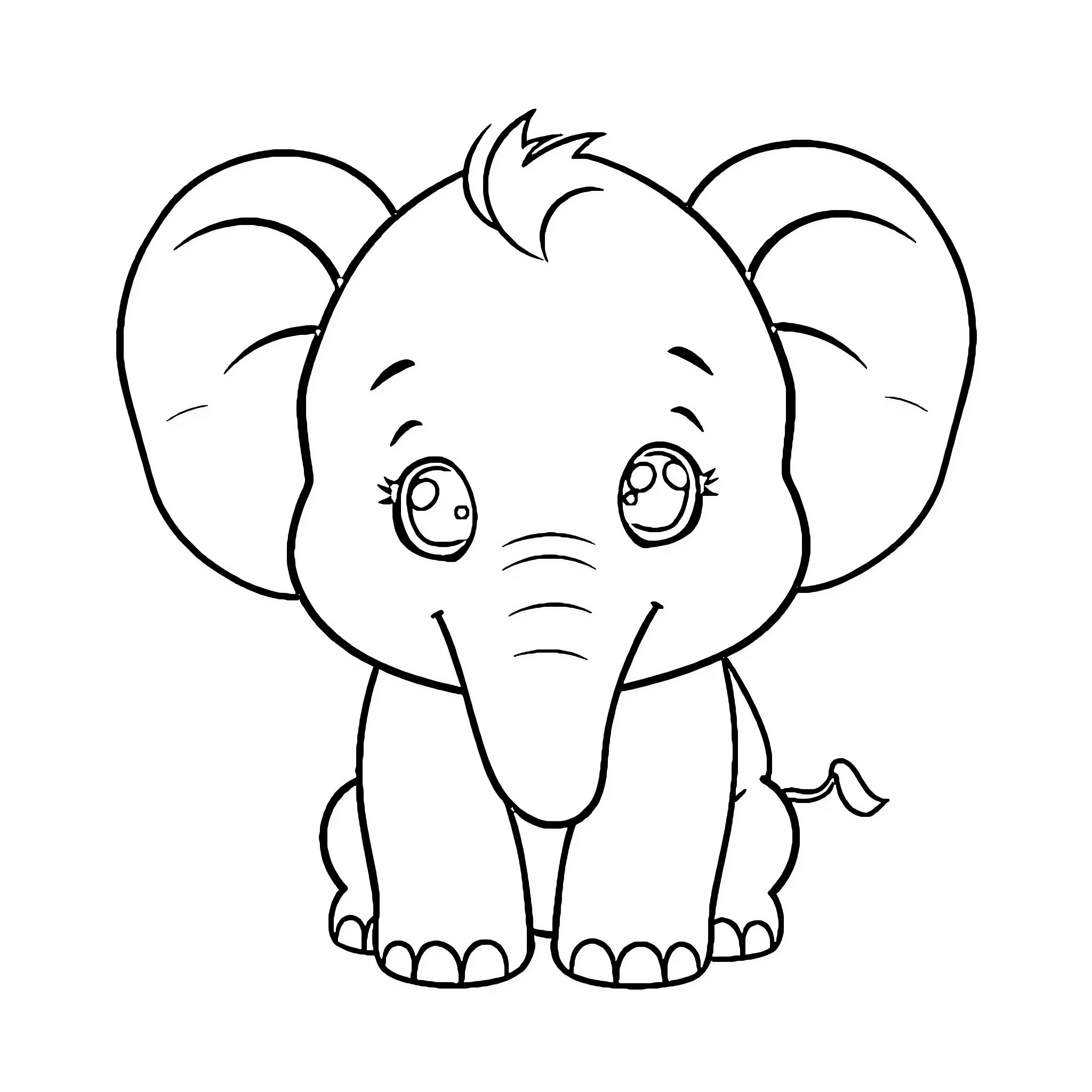 Elephant with cute expression Coloring Page (free black-and-white line drawing printable PDF for all, from beginners to advanced learners, including children, teens, adults, and seniors)