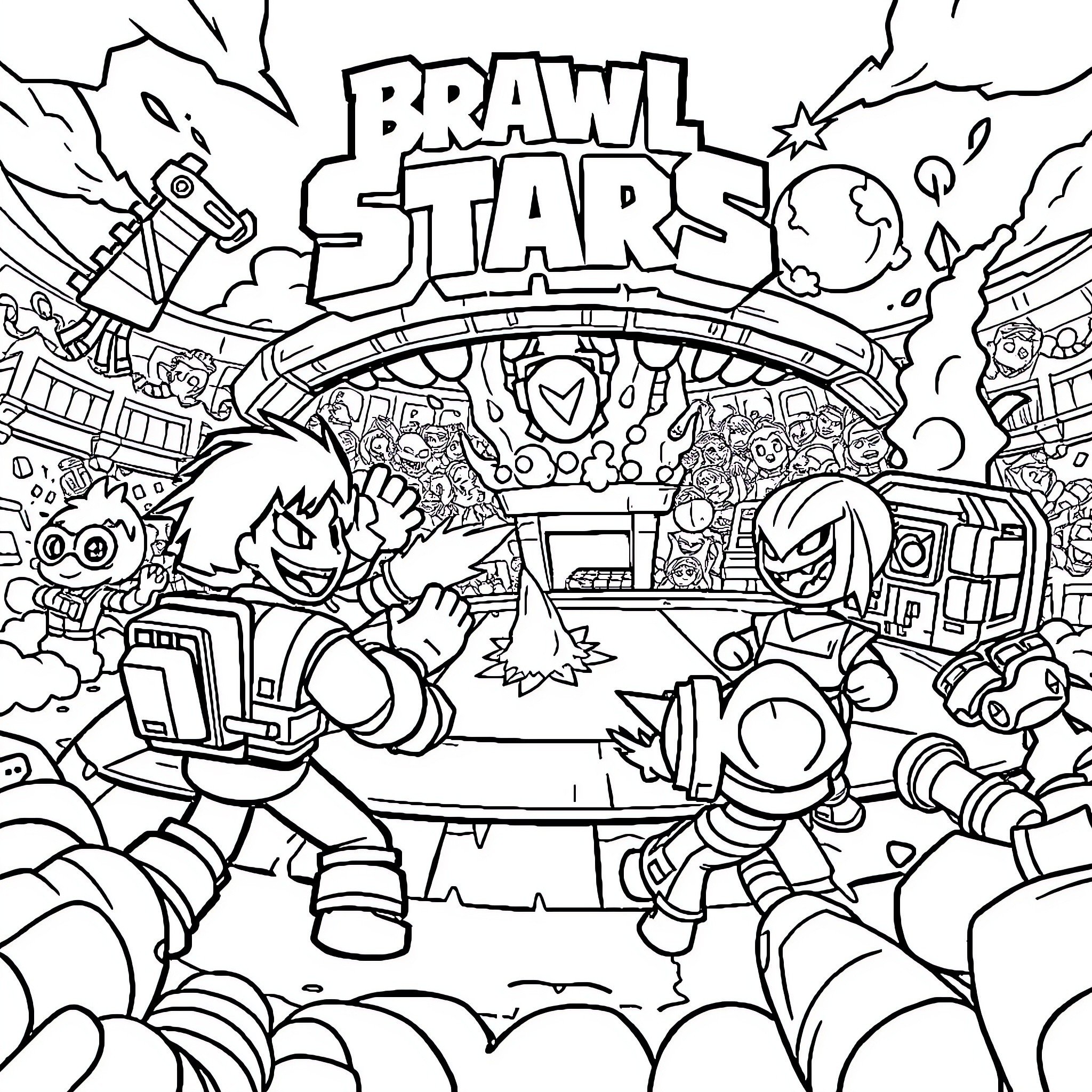 Brawl Stars characters in action-packed scene Coloring Page (free black-and-white line drawing printable PDF for all, from beginners to advanced learners, including children, teens, adults, and seniors)