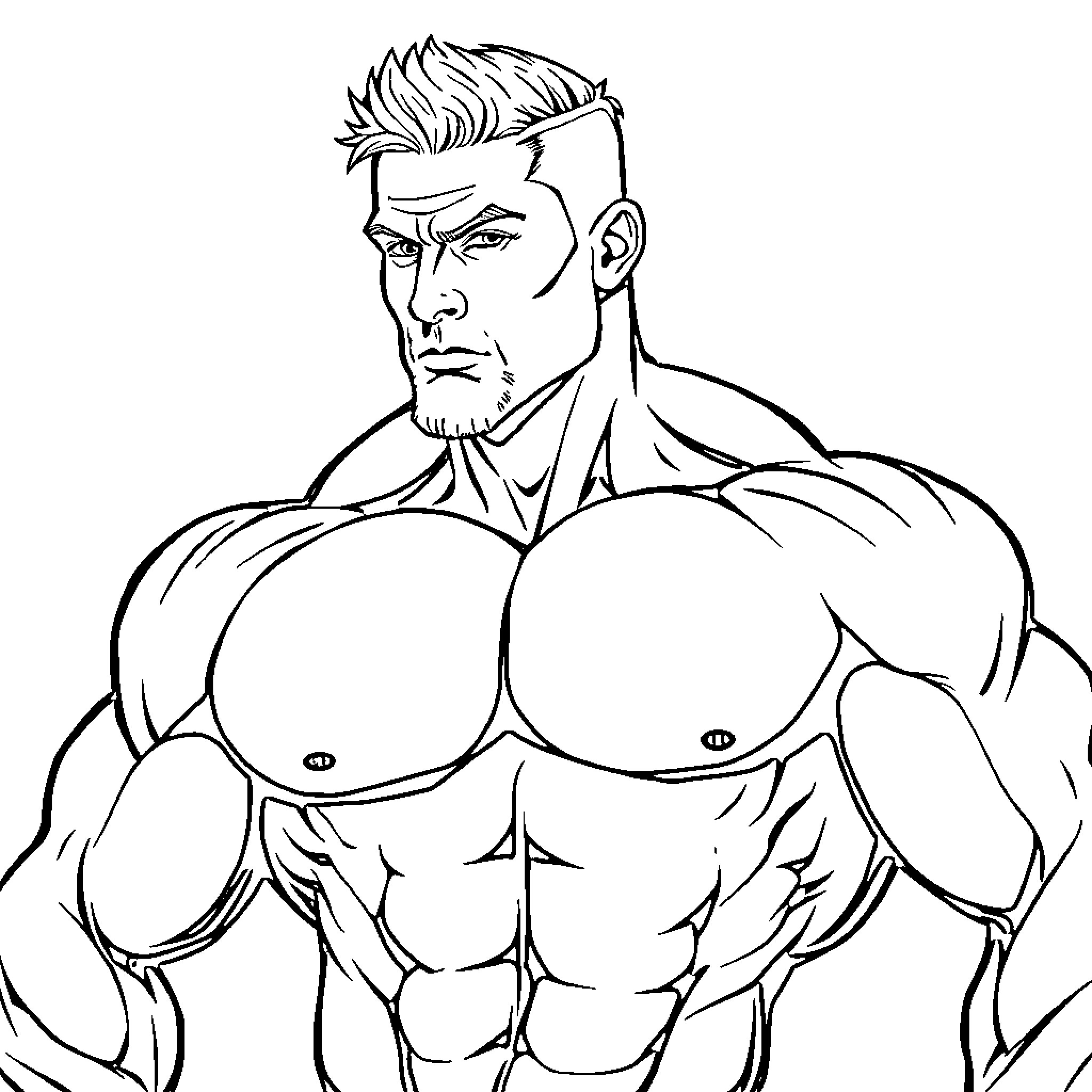 Man with muscular physique and serious expression Coloring Page (free black-and-white line drawing printable PDF for all, from beginners to advanced learners, including children, teens, adults, and seniors)