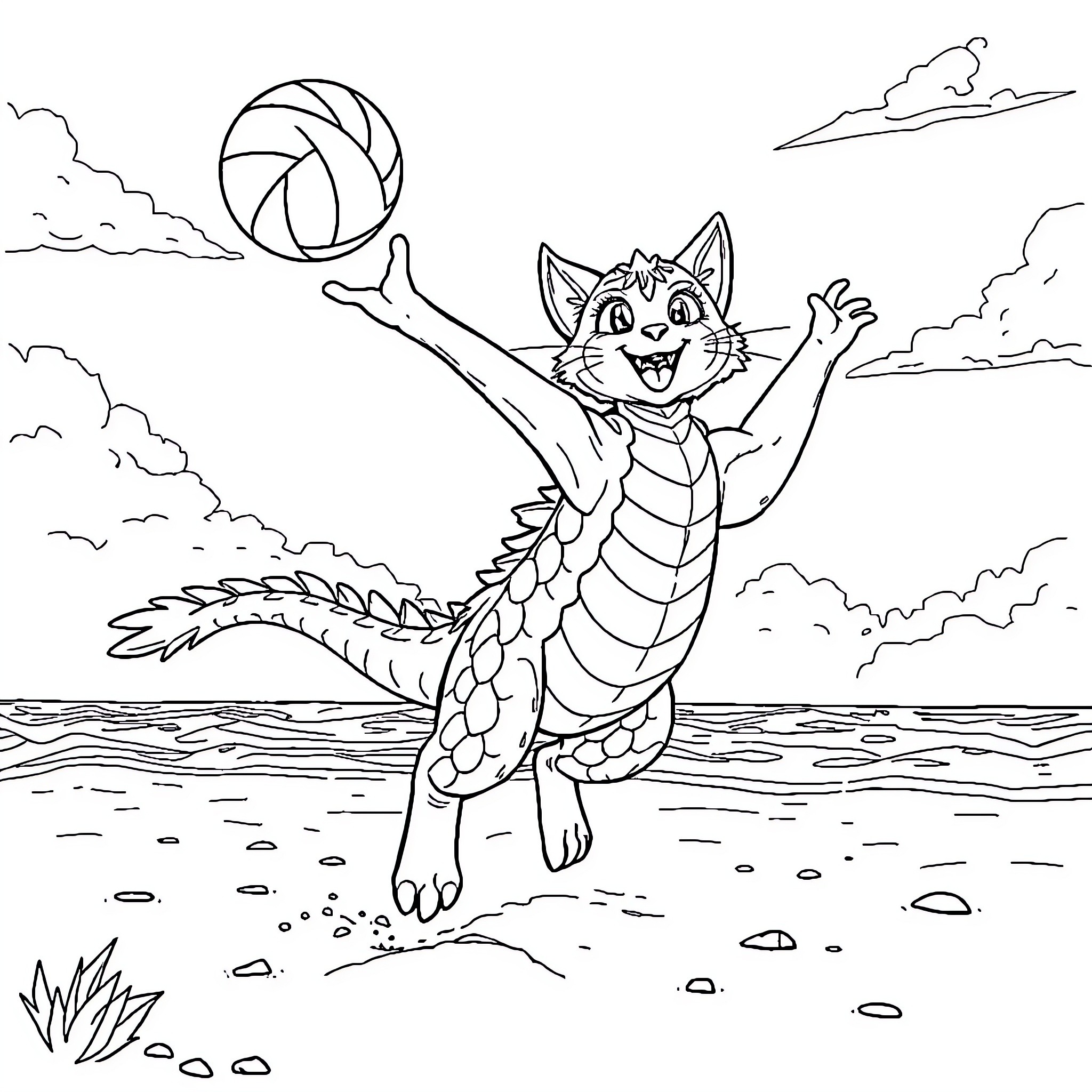 Dragon Cat playing joyfully with a ball on the beach Coloring Page (free black-and-white line drawing printable PDF for all, from beginners to advanced learners, including children, teens, adults, and seniors)