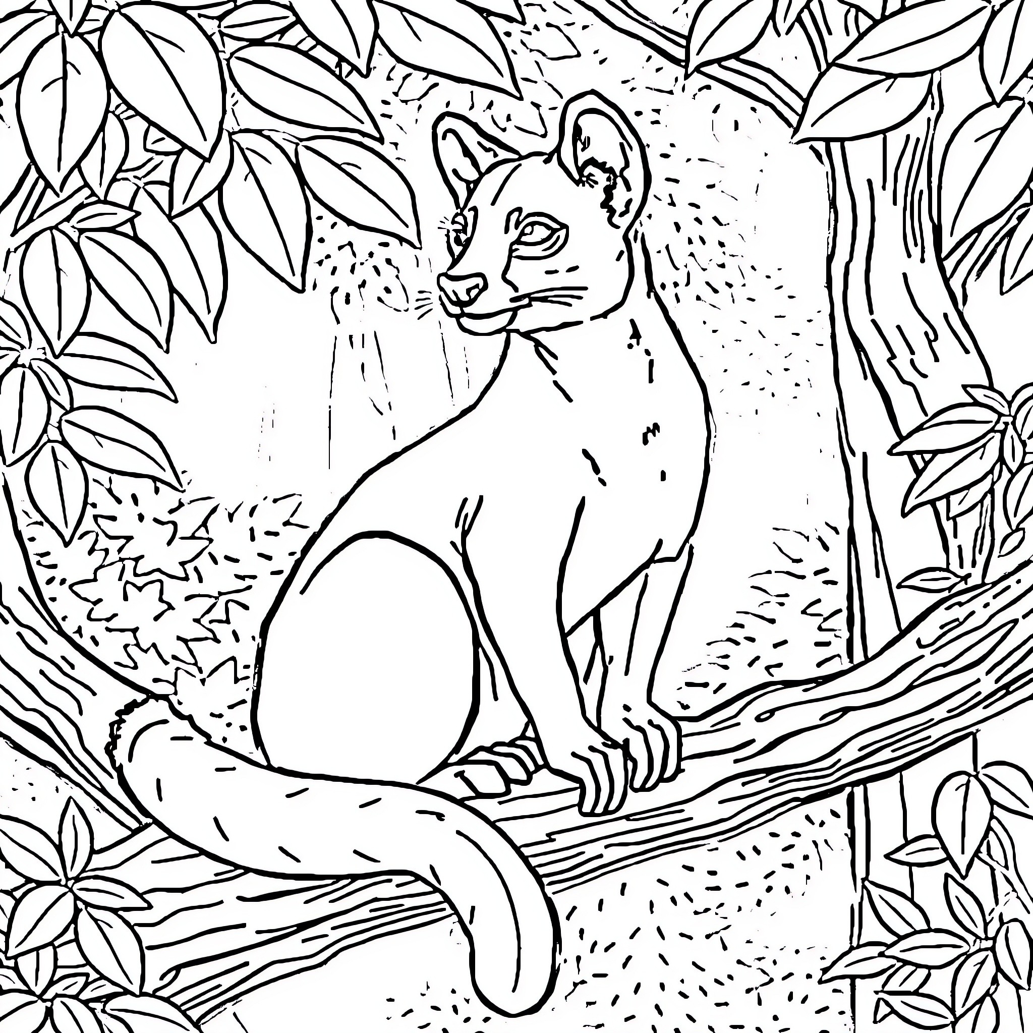 Fossa in the Jungle Habitat Coloring Page (free black-and-white line drawing printable PDF for all, from beginners to advanced learners, including children, teens, adults, and seniors)