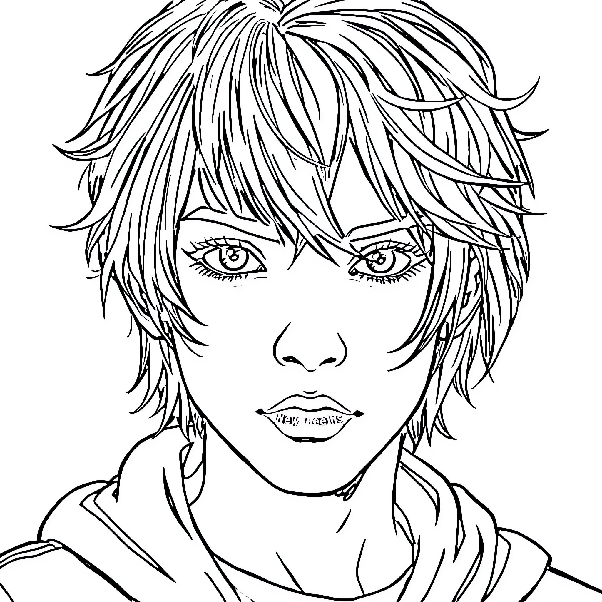Emo Character with Stylized Haircut and Intense Expression Coloring Page (free black-and-white line drawing printable PDF for all, from beginners to advanced learners, including children, teens, adults, and seniors)