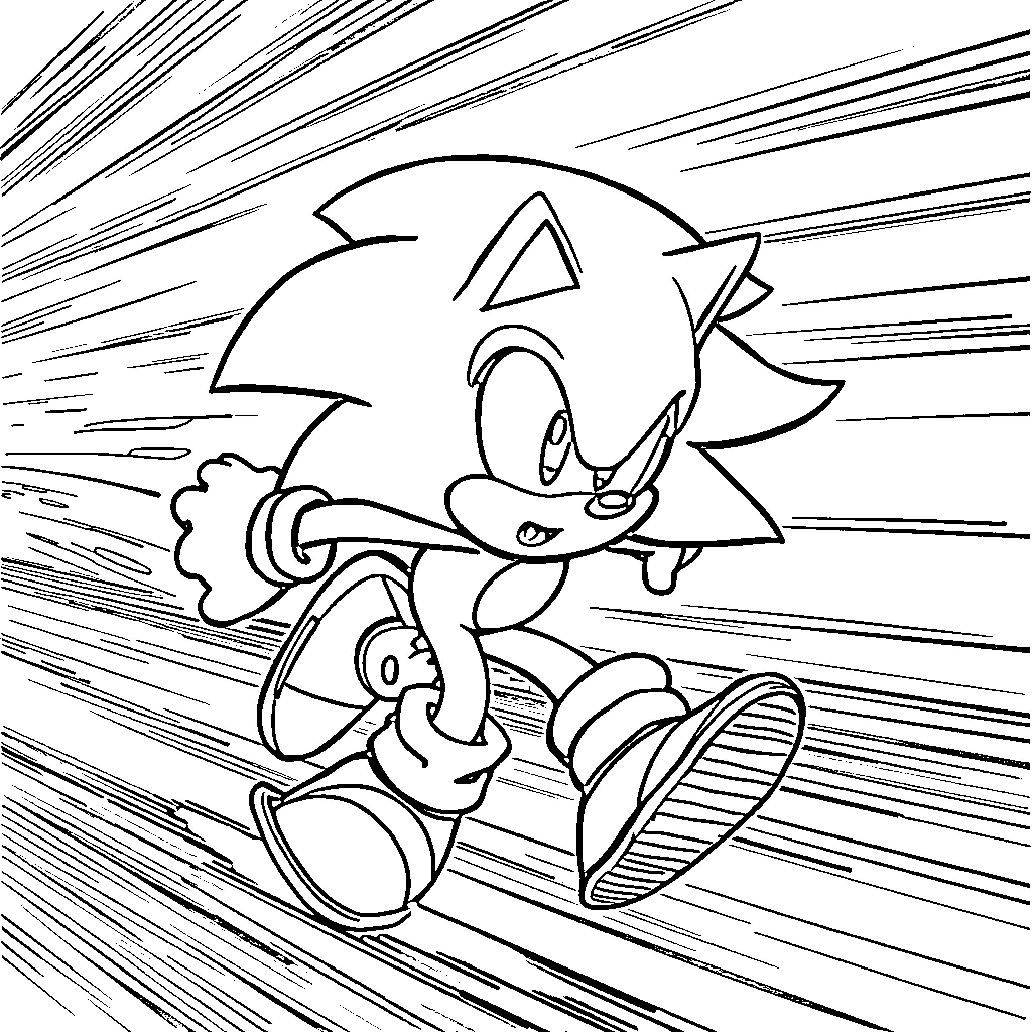 Sonic dashing through a dynamic scene Coloring Page (free black-and-white line drawing printable PDF for all, from beginners to advanced learners, including children, teens, adults, and seniors)