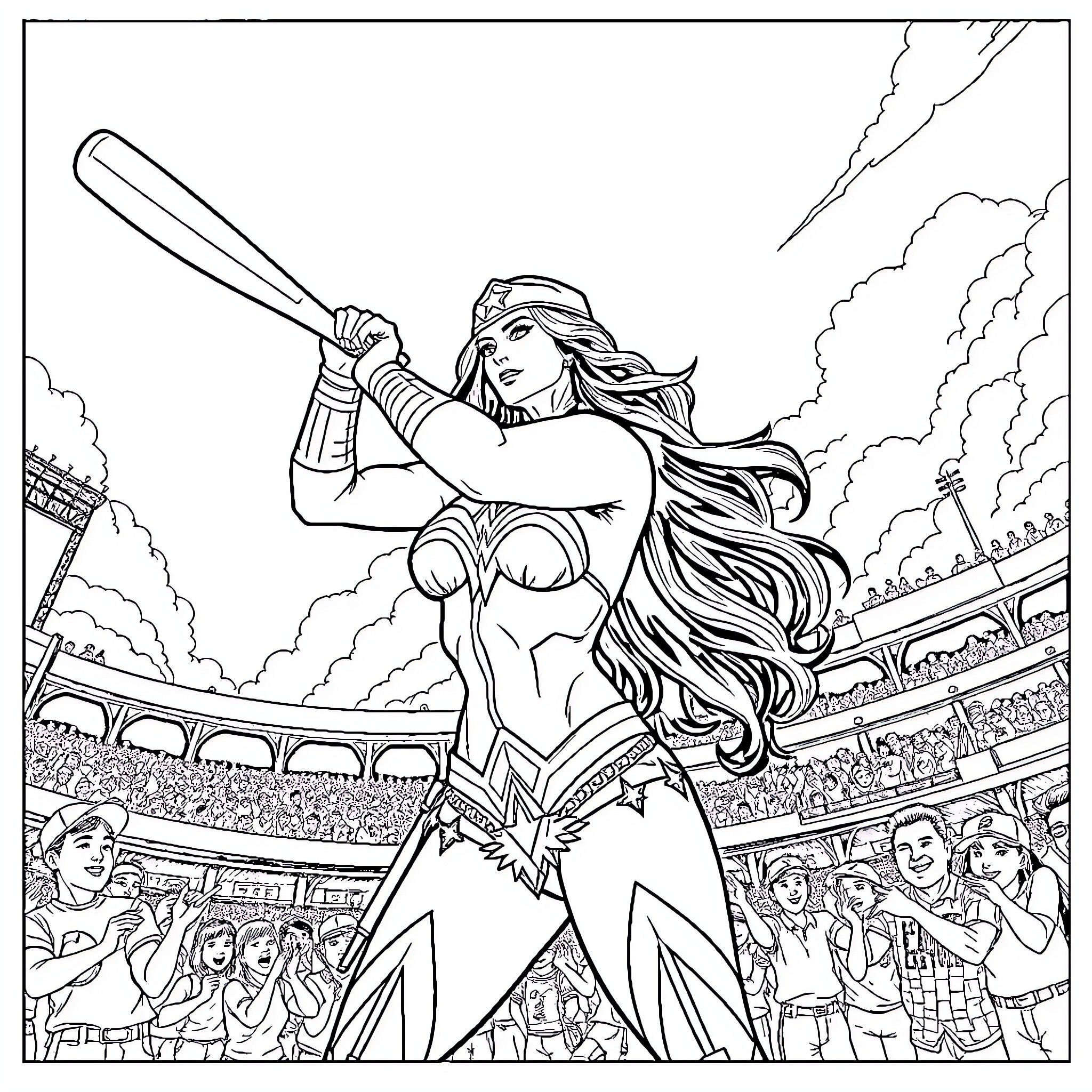 Wonder Woman heroically taking action in a grand stadium Coloring Page (free black-and-white line drawing printable PDF for all, from beginners to advanced learners, including children, teens, adults, and seniors)