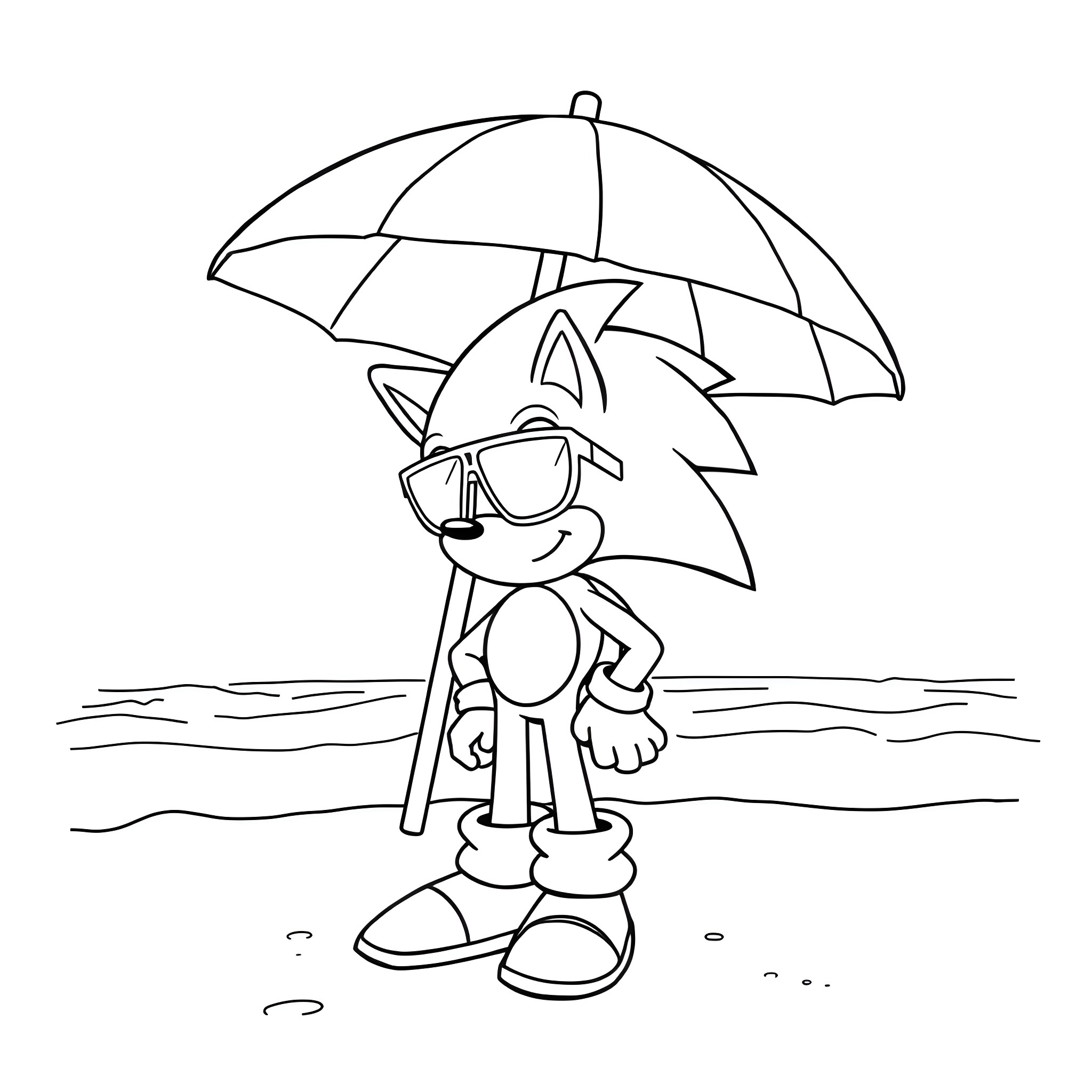 Sonic enjoying a sunny day at the beach Coloring Page (free black-and-white line drawing printable PDF for all, from beginners to advanced learners, including children, teens, adults, and seniors)