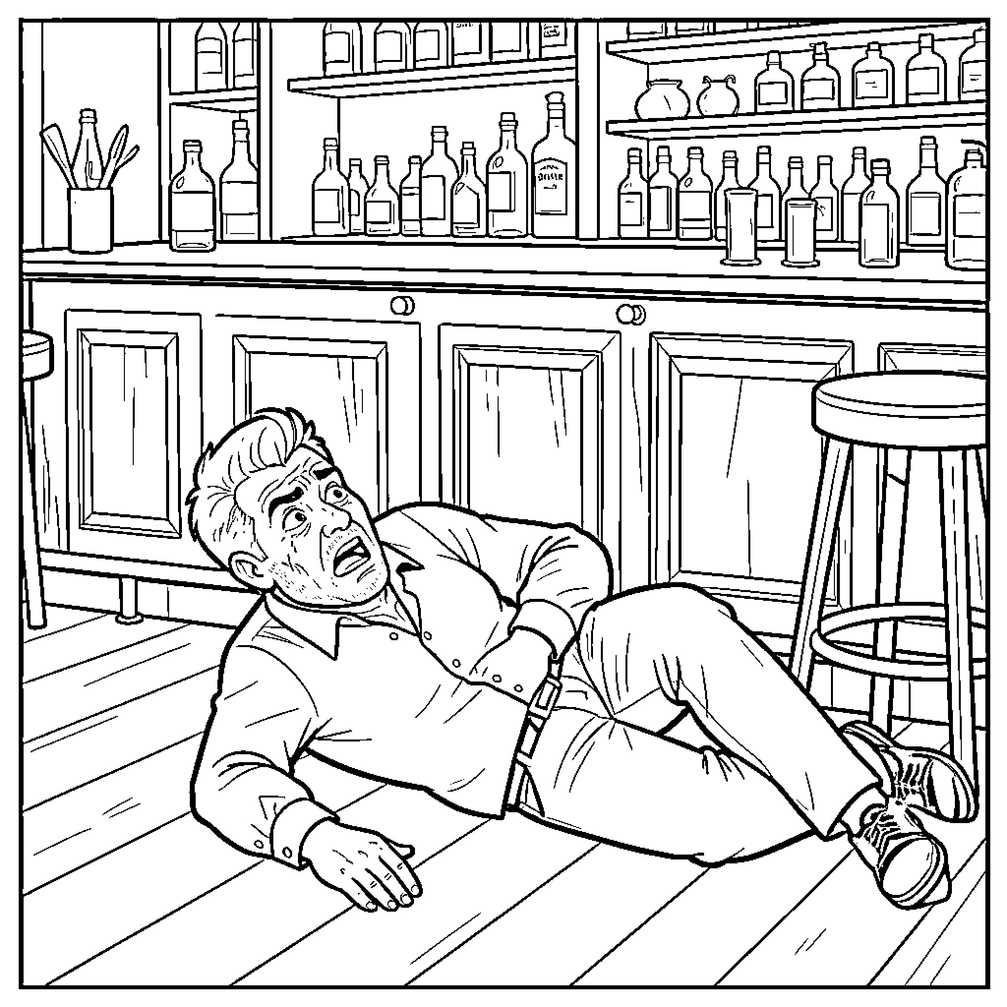 Barman falling onto the floor in a bar Coloring Page (free black-and-white line drawing printable PDF for all, from beginners to advanced learners, including children, teens, adults, and seniors)