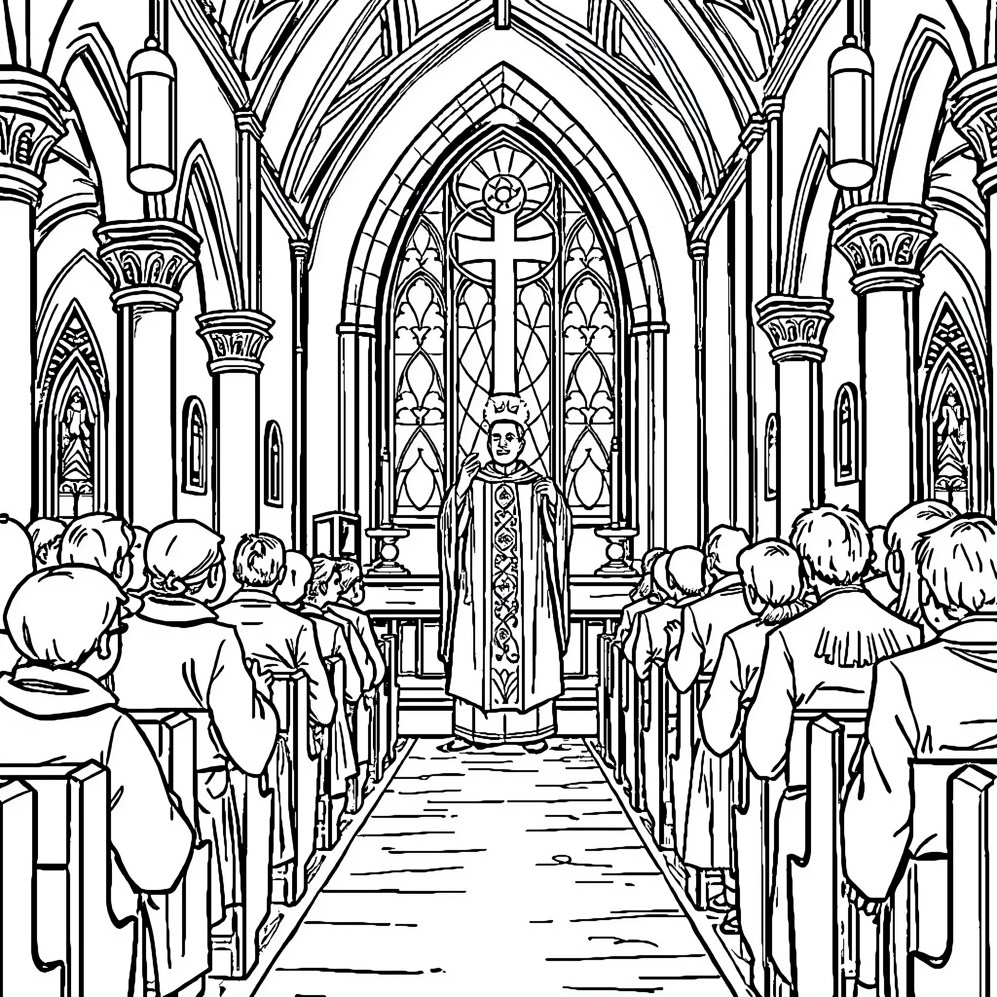 Prêtre célébrant la messe dans une église gothique Coloring Page (free black-and-white line drawing printable PDF for all, from beginners to advanced learners, including children, teens, adults, and seniors)
