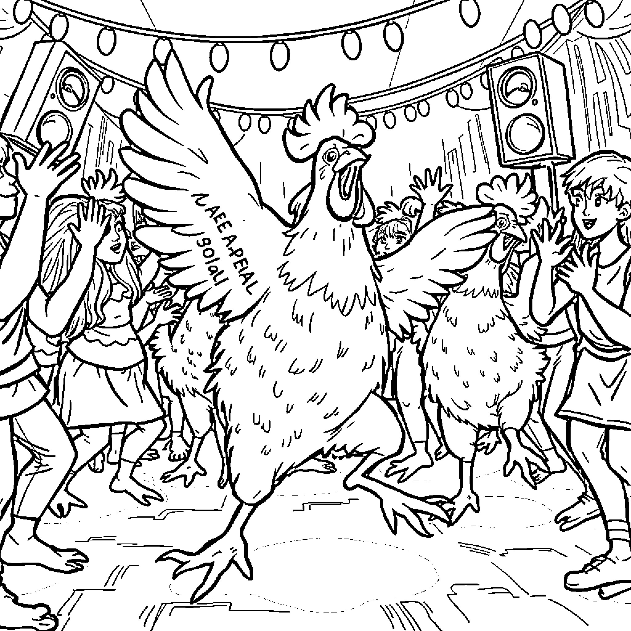Chicken dancing joyfully at a party Coloring Page (free black-and-white line drawing printable PDF for all, from beginners to advanced learners, including children, teens, adults, and seniors)