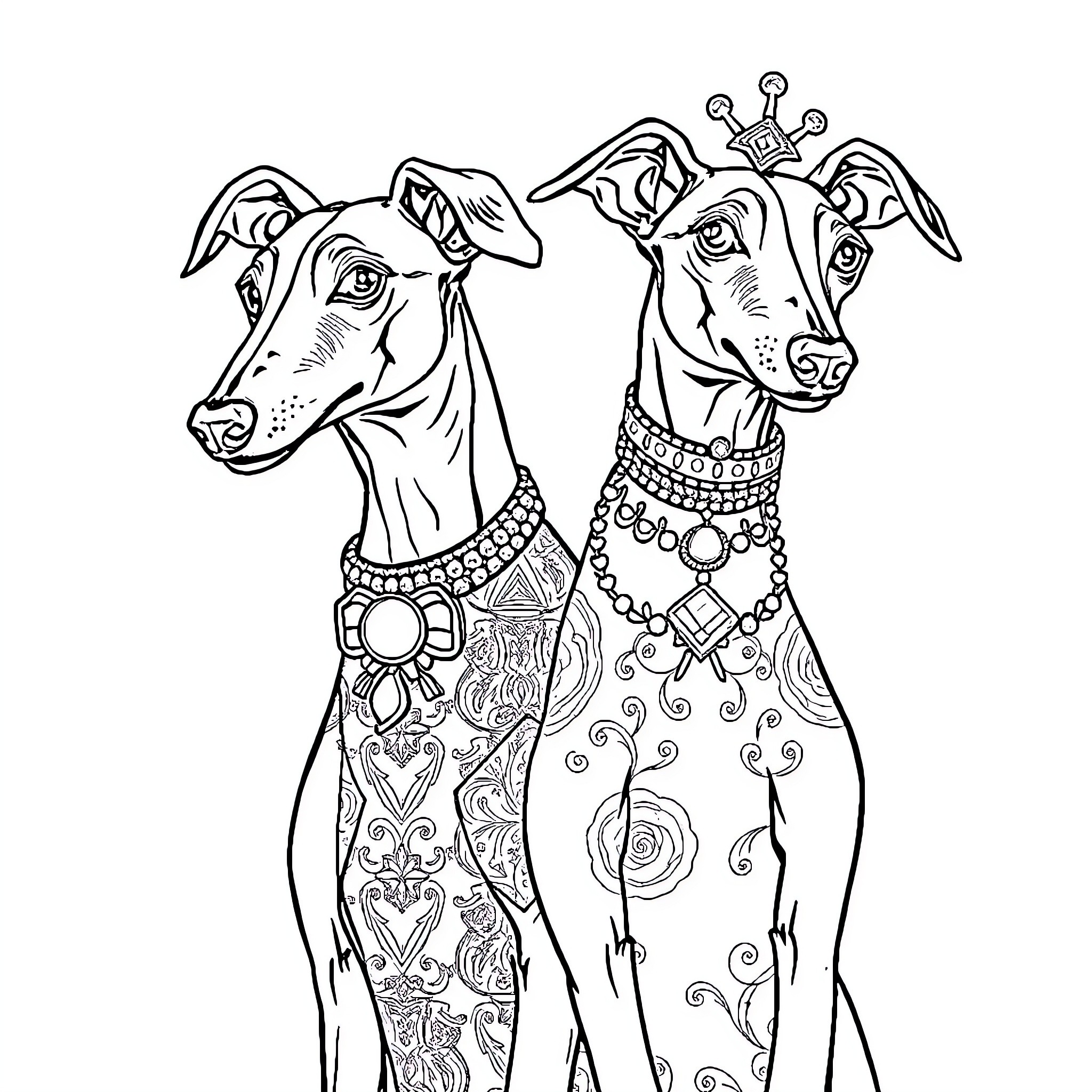 Greyhounds adorned with intricate patterns and jewelry Coloring Page (free black-and-white line drawing printable PDF for all, from beginners to advanced learners, including children, teens, adults, and seniors)