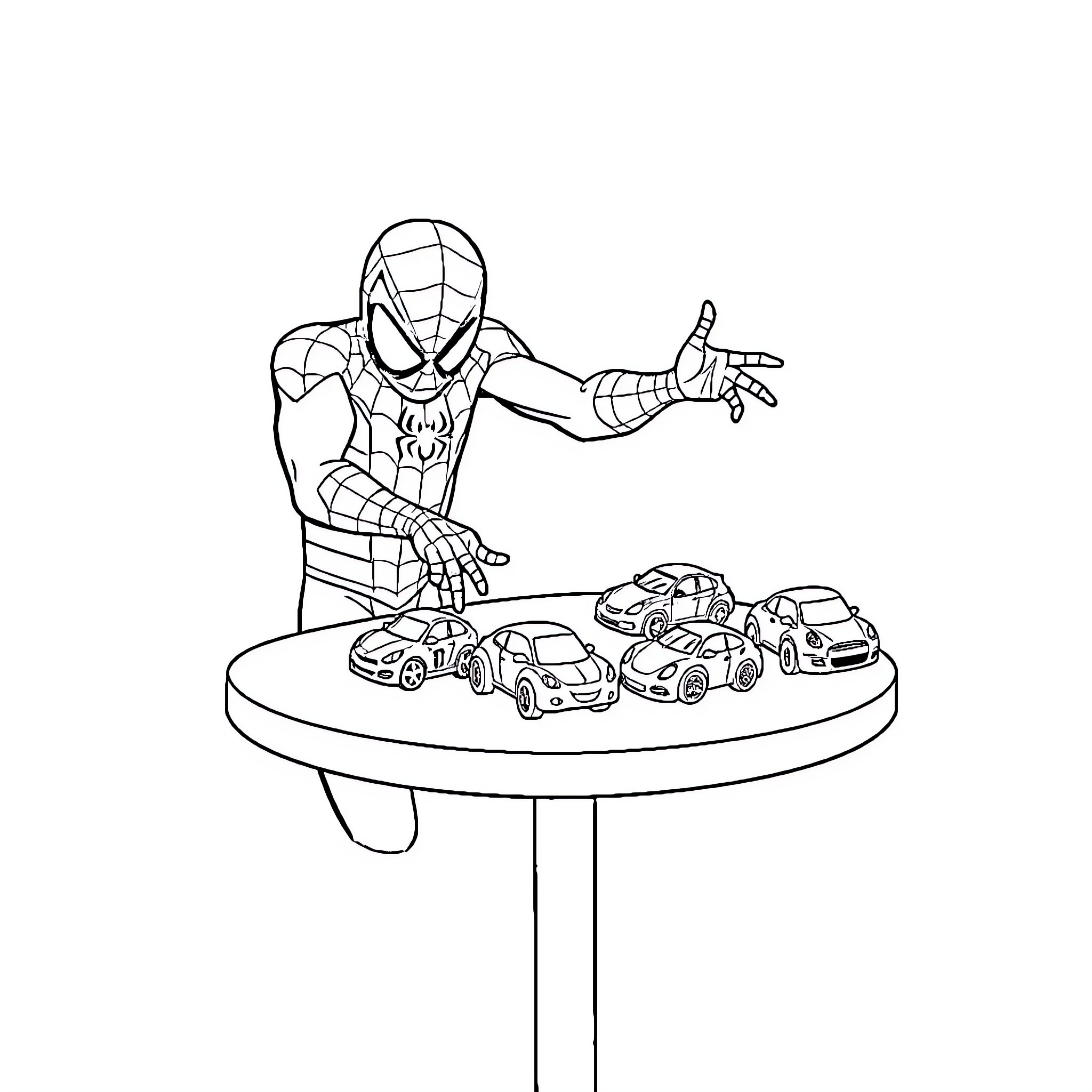 Spiderman playing with toy cars on a table Coloring Page (free black-and-white line drawing printable PDF for all, from beginners to advanced learners, including children, teens, adults, and seniors)