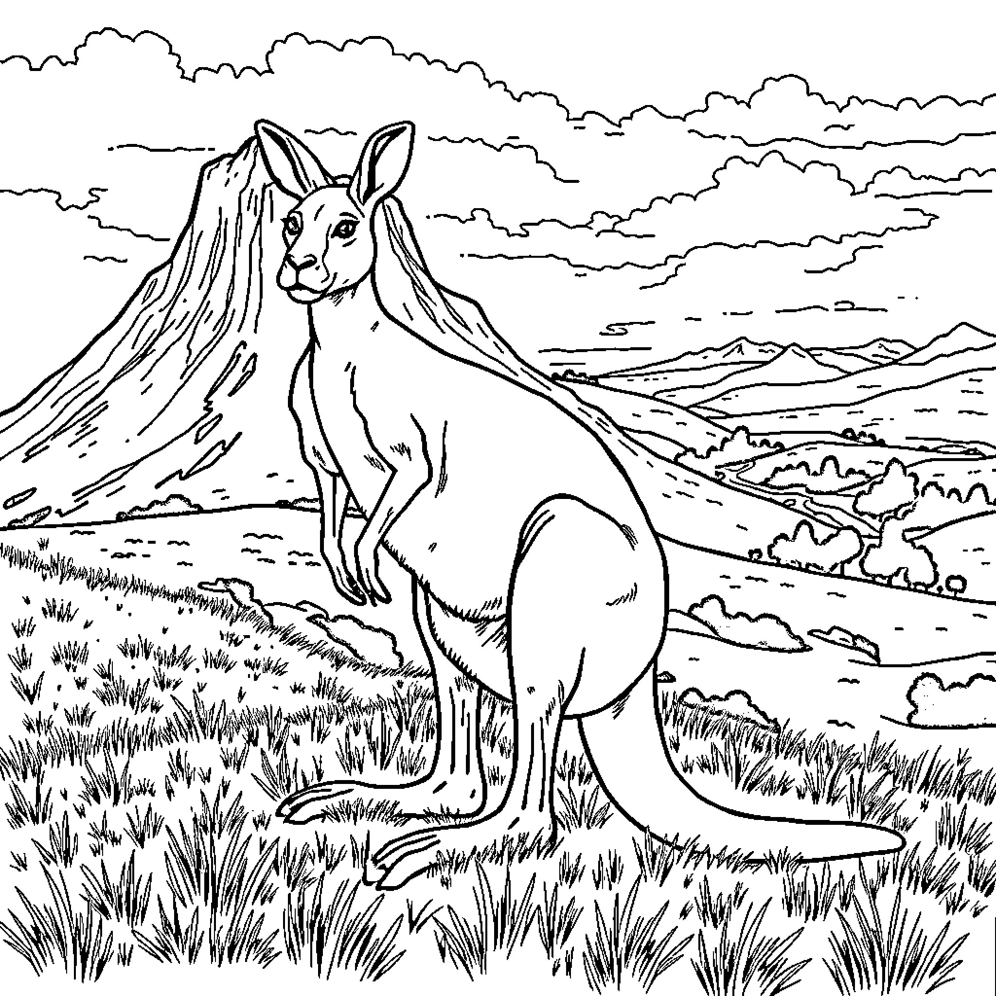 Kangaroo standing amidst scenic landscape Coloring Page (free black-and-white line drawing printable PDF for all, from beginners to advanced learners, including children, teens, adults, and seniors)