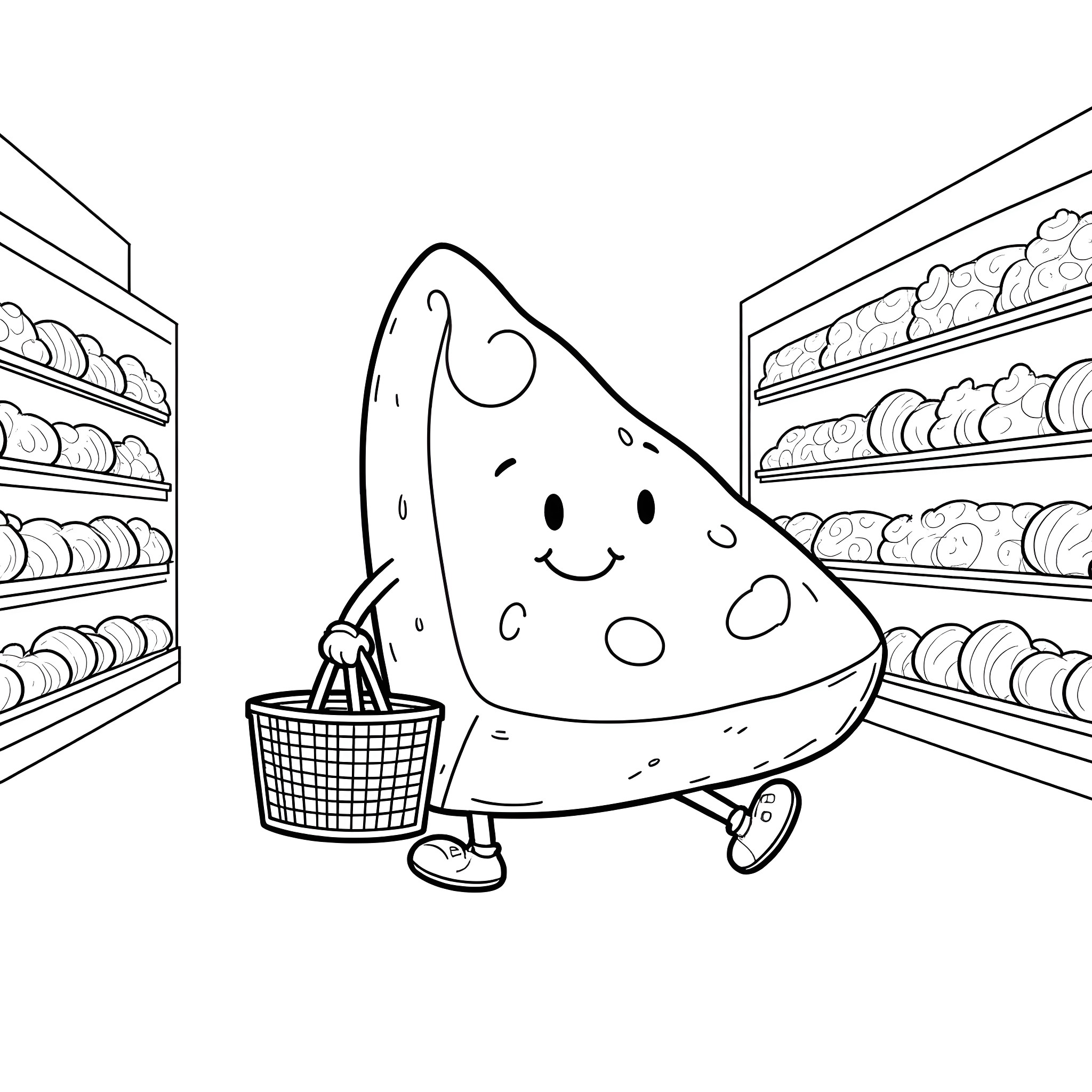 Cheese shopping happily in the grocery store Coloring Page (free black-and-white line drawing printable PDF for all, from beginners to advanced learners, including children, teens, adults, and seniors)