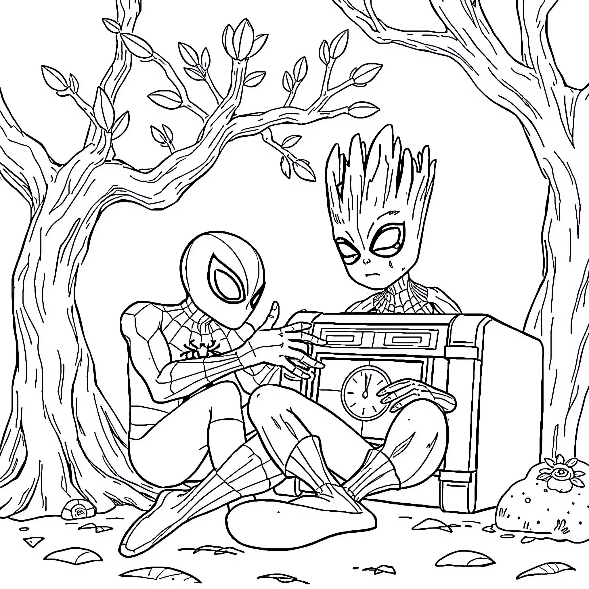 Spiderman and Groot sitting in the forest Coloring Page (free black-and-white line drawing printable PDF for all, from beginners to advanced learners, including children, teens, adults, and seniors)