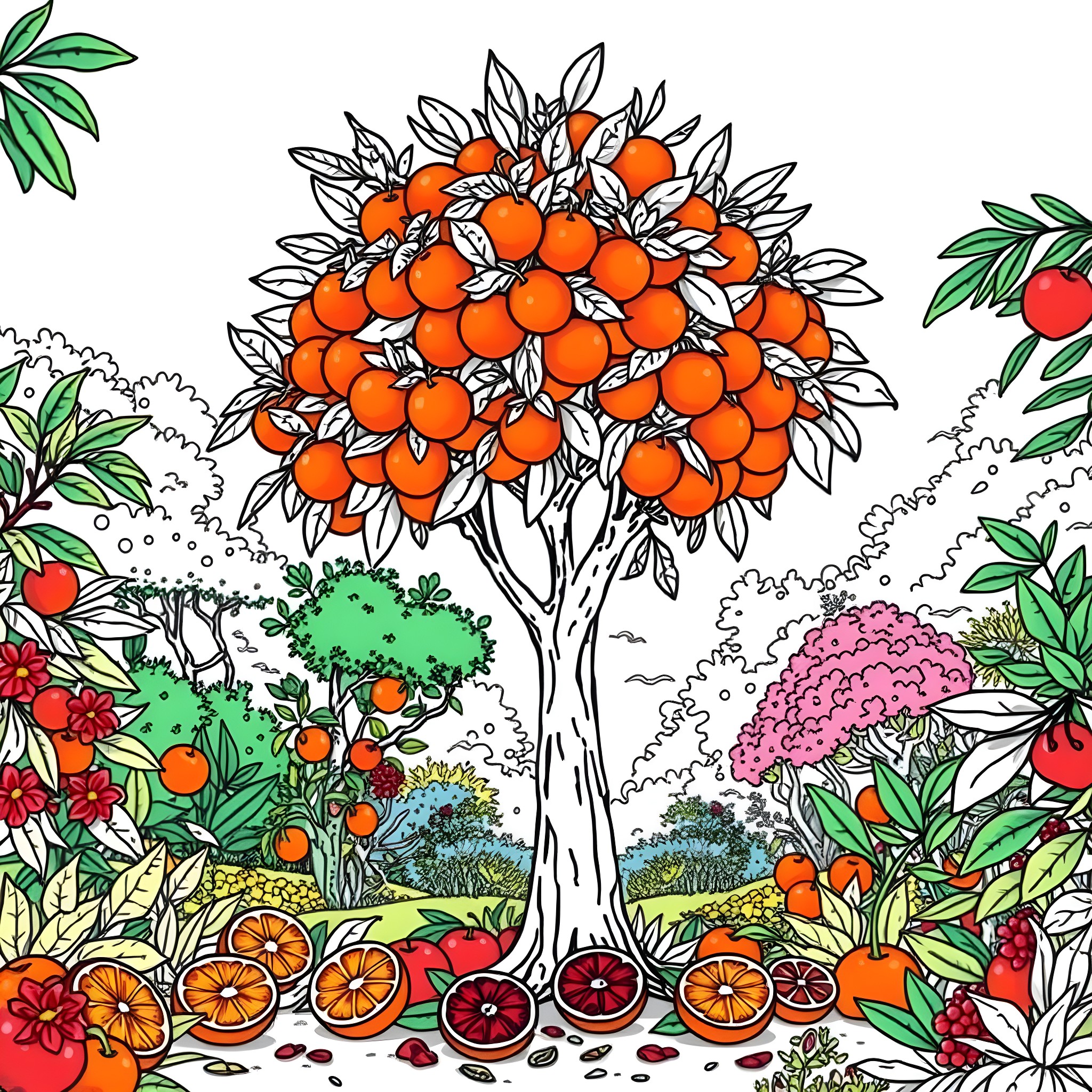 Orange Tree Blossoms in Vibrant Garden Coloring Page (free black-and-white line drawing printable PDF for all, from beginners to advanced learners, including children, teens, adults, and seniors)