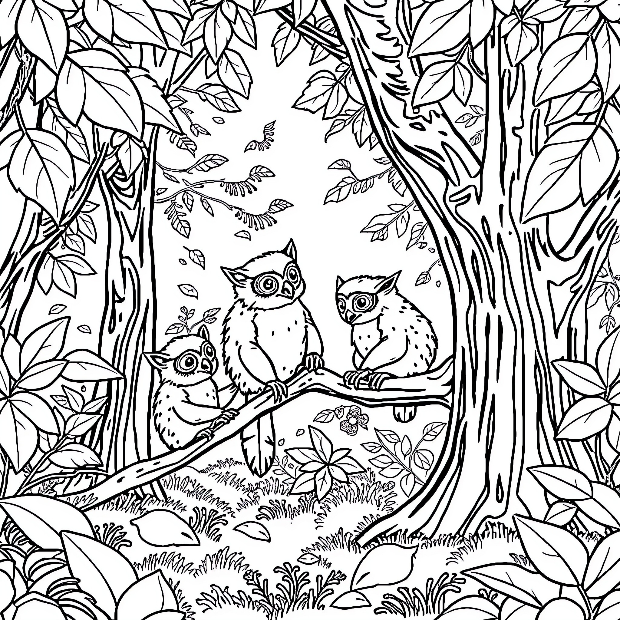 Bear trio observing nature in forest Coloring Page (free black-and-white line drawing printable PDF for all, from beginners to advanced learners, including children, teens, adults, and seniors)