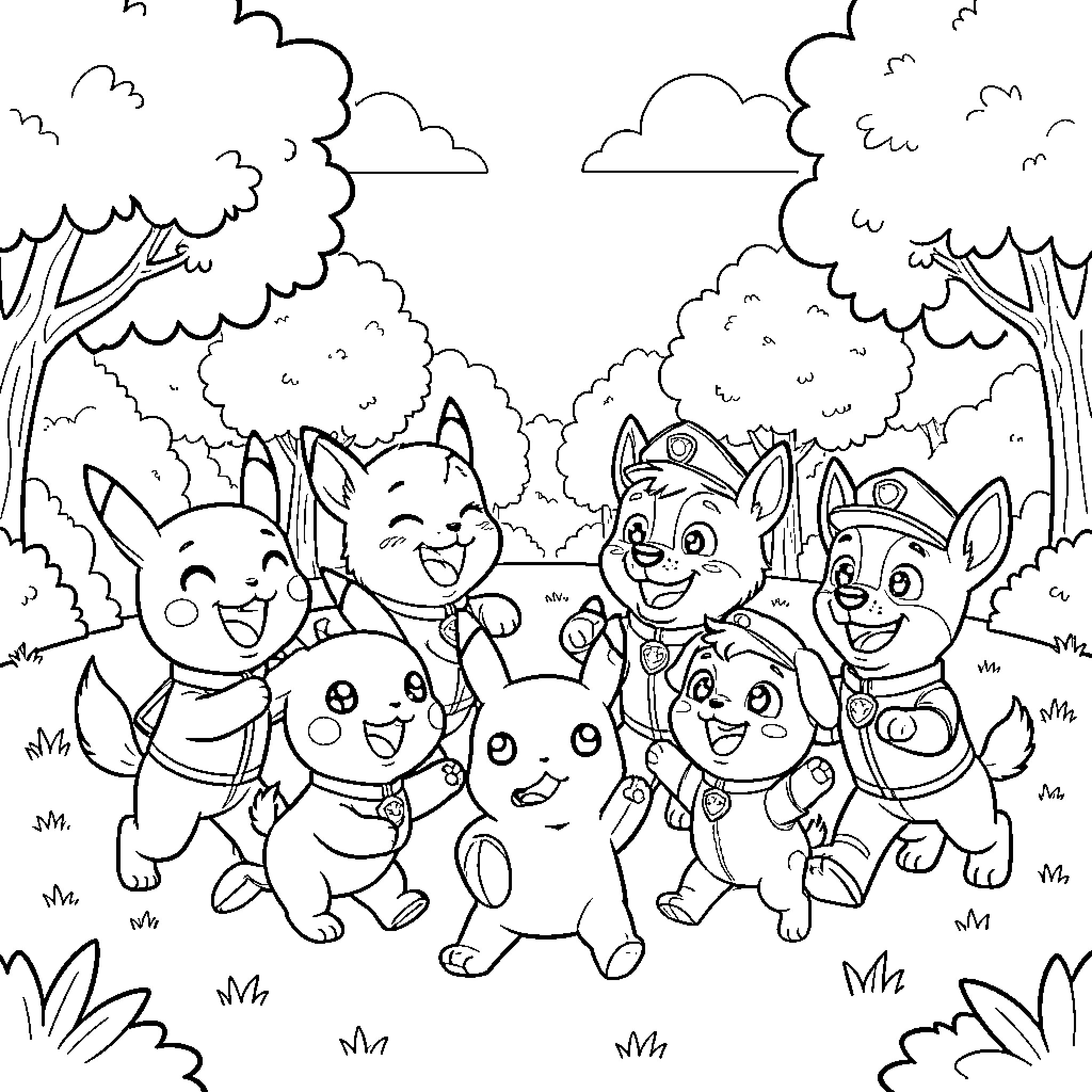 Pikachu and Paw Patrol Pups Explore the Outdoors Coloring Page (free black-and-white line drawing printable PDF for all, from beginners to advanced learners, including children, teens, adults, and seniors)