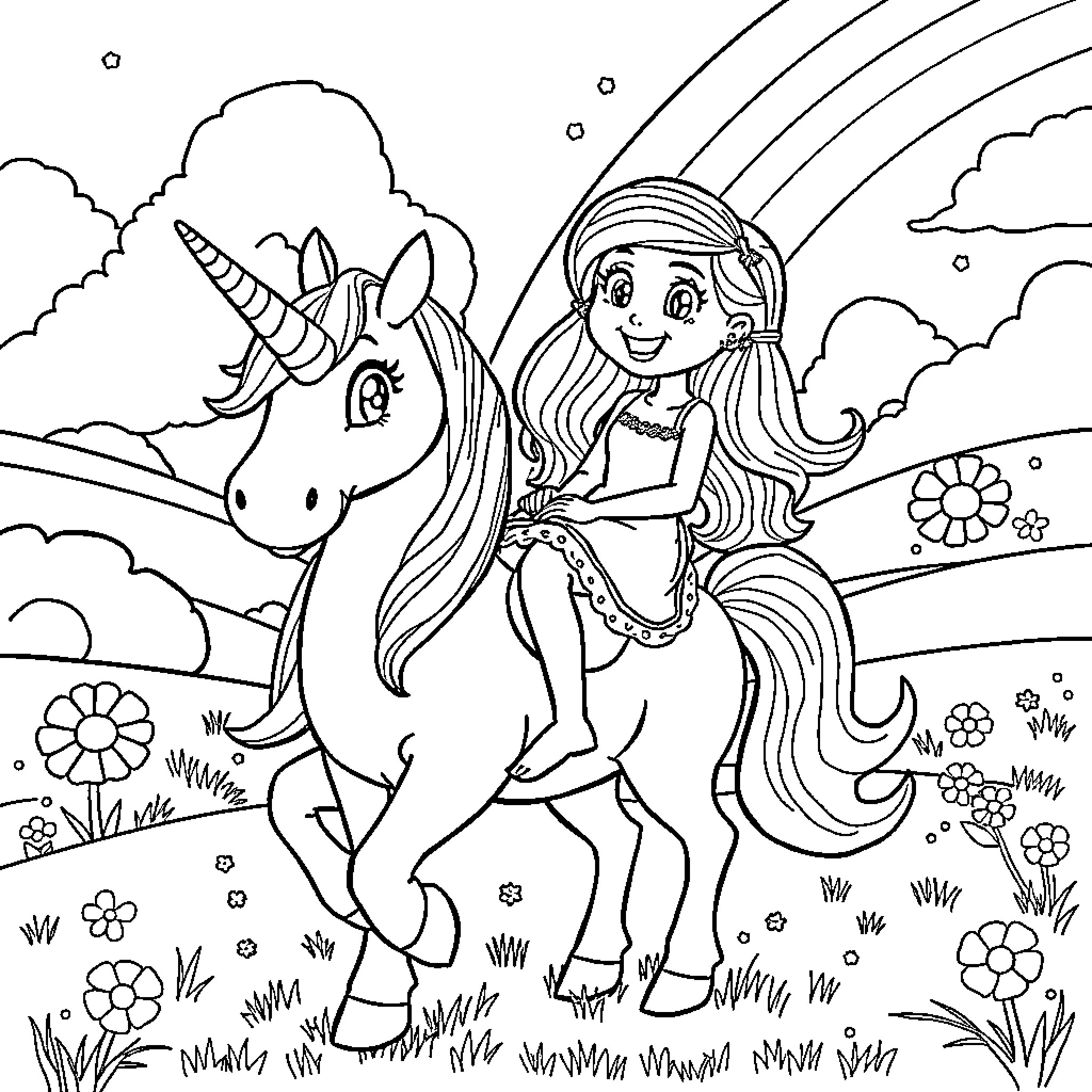 Gaby's Magical Unicorn Ride Coloring Page (free black-and-white line drawing printable PDF for all, from beginners to advanced learners, including children, teens, adults, and seniors)