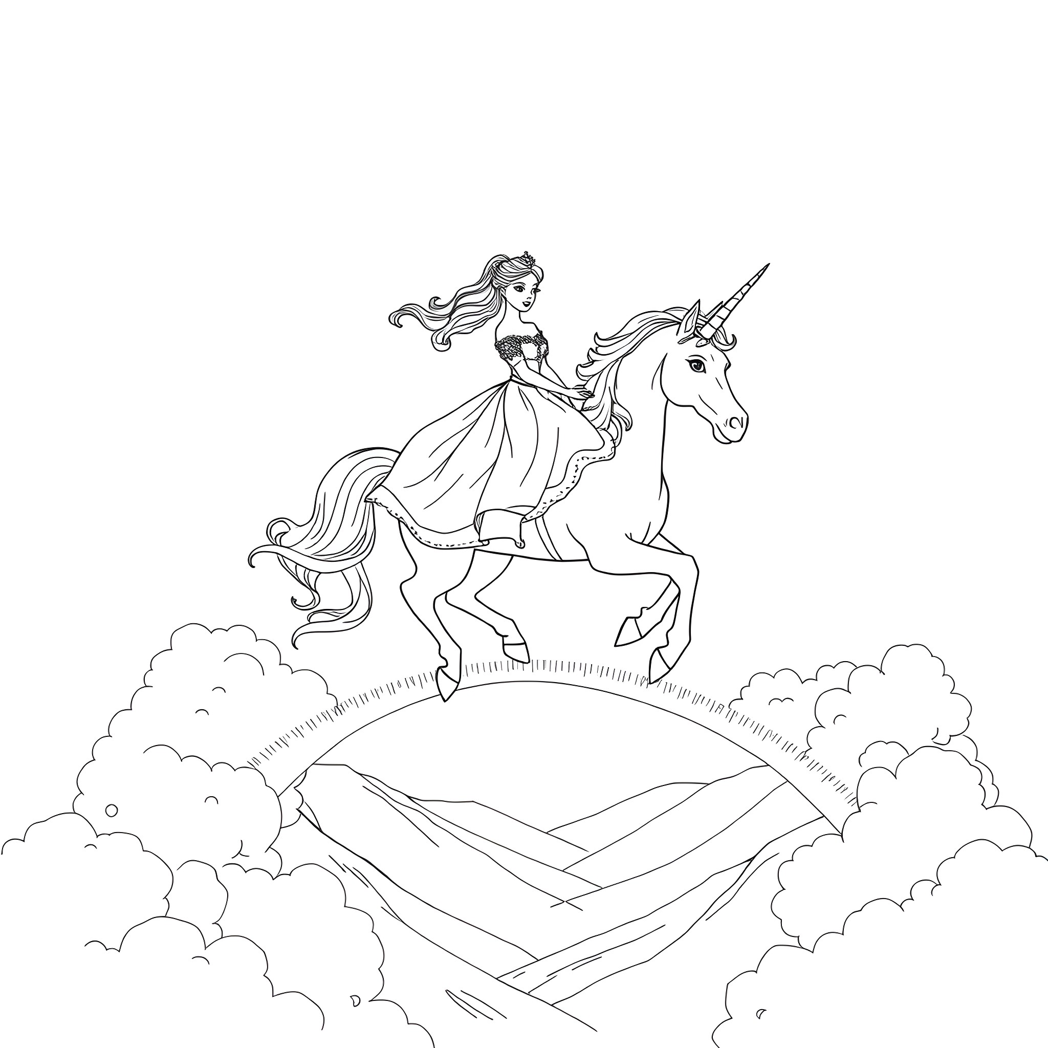 Princess riding a unicorn in the clouds Coloring Page (free black-and-white line drawing printable PDF for all, from beginners to advanced learners, including children, teens, adults, and seniors)