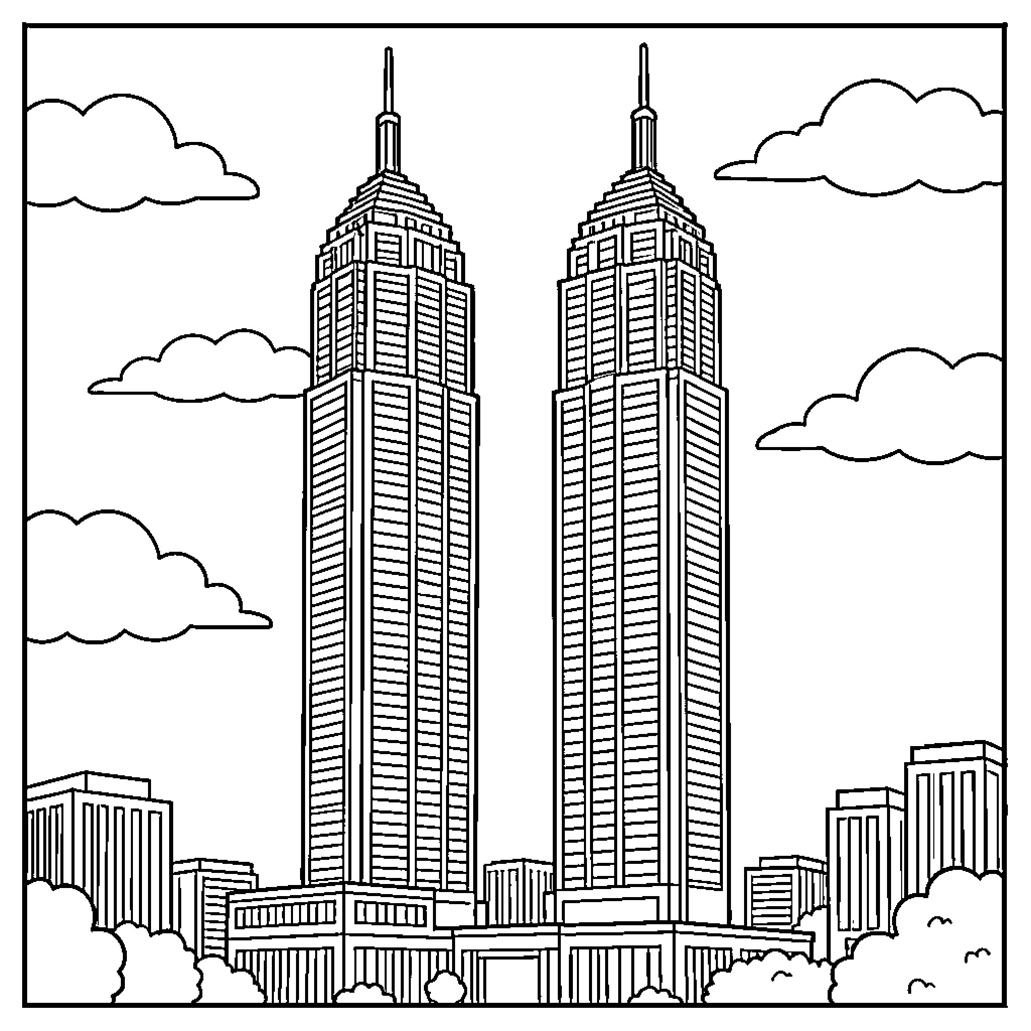Twin Towers of the city skyline Coloring Page (free black-and-white line drawing printable PDF for all, from beginners to advanced learners, including children, teens, adults, and seniors)