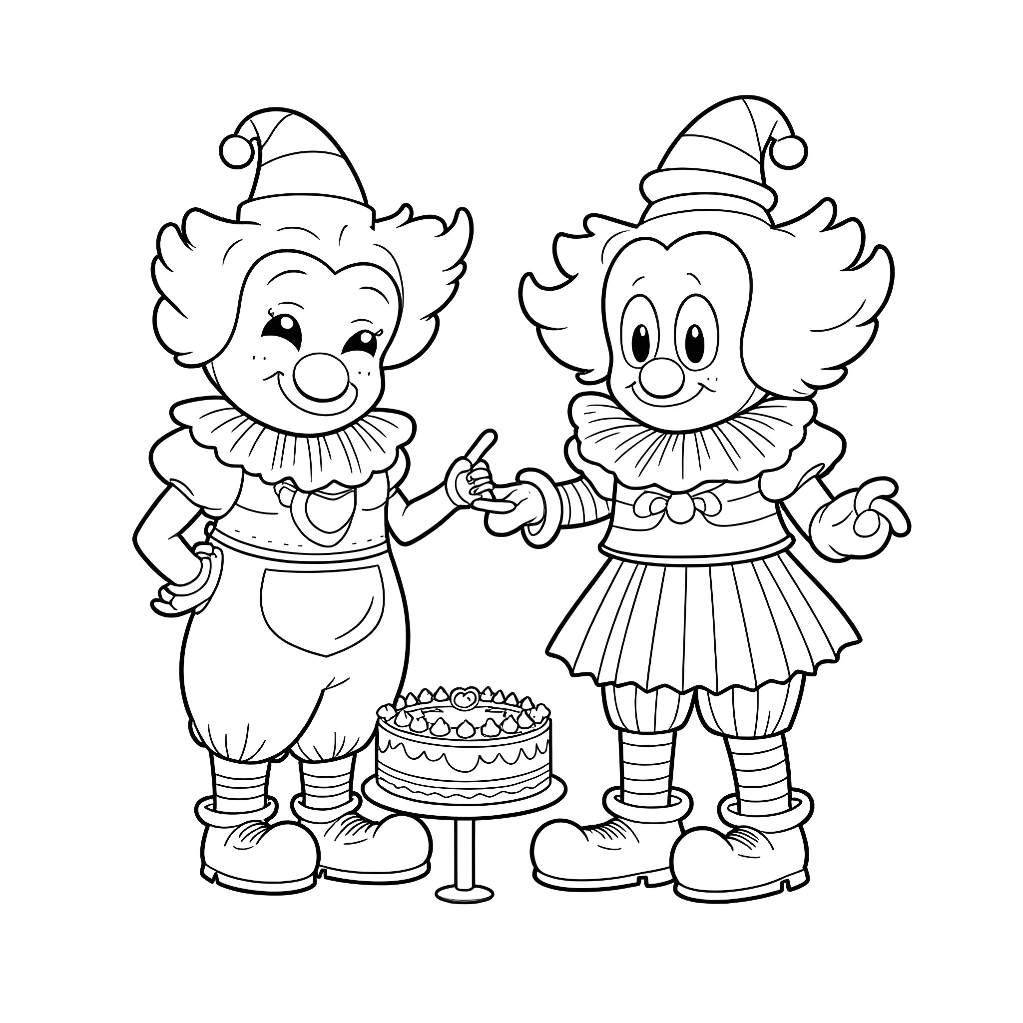Clown friends celebrating with cake Coloring Page (free black-and-white line drawing printable PDF for all, from beginners to advanced learners, including children, teens, adults, and seniors)