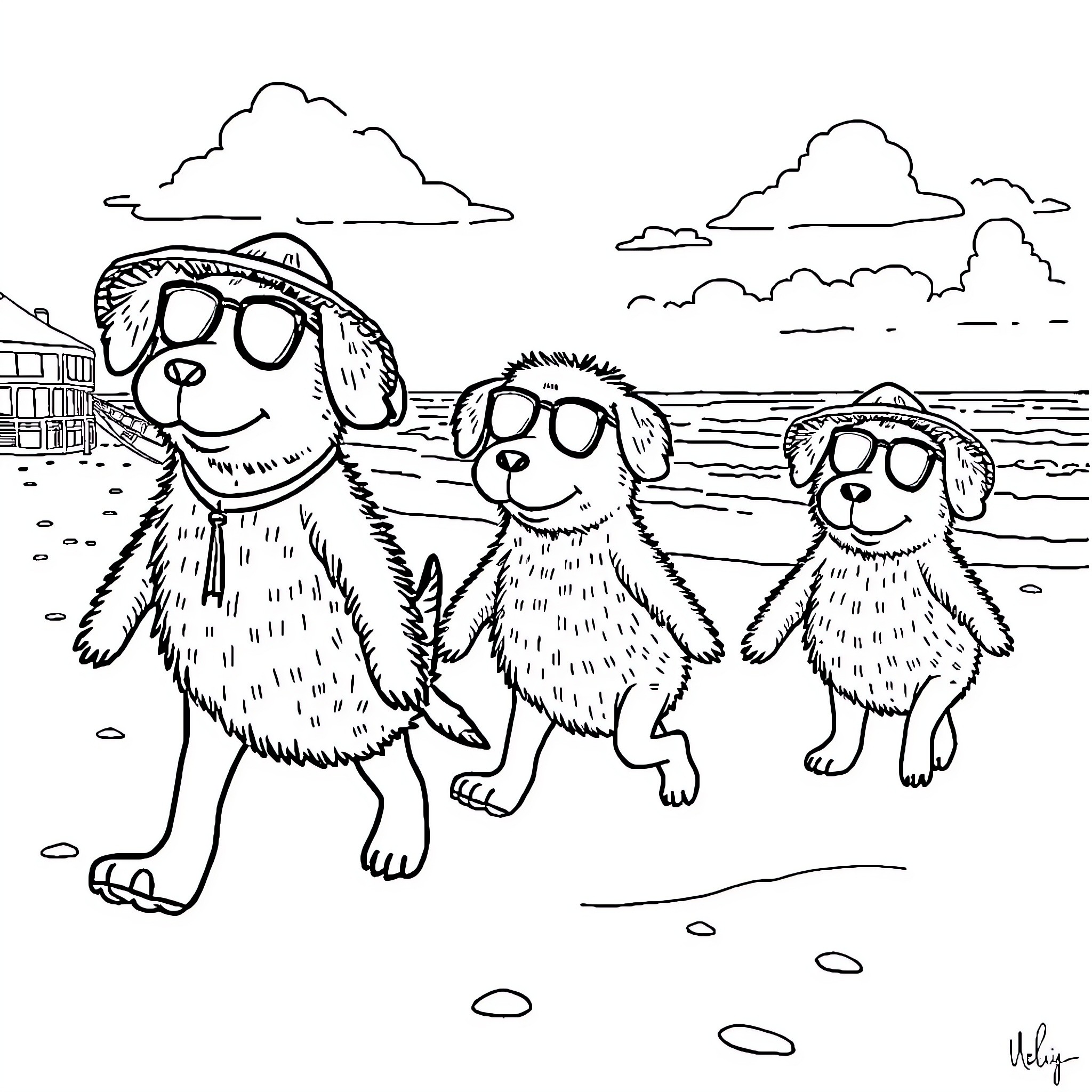 Pat Patrouille Pups Enjoying a Sunny Beach Day Coloring Page (free black-and-white line drawing printable PDF for all, from beginners to advanced learners, including children, teens, adults, and seniors)