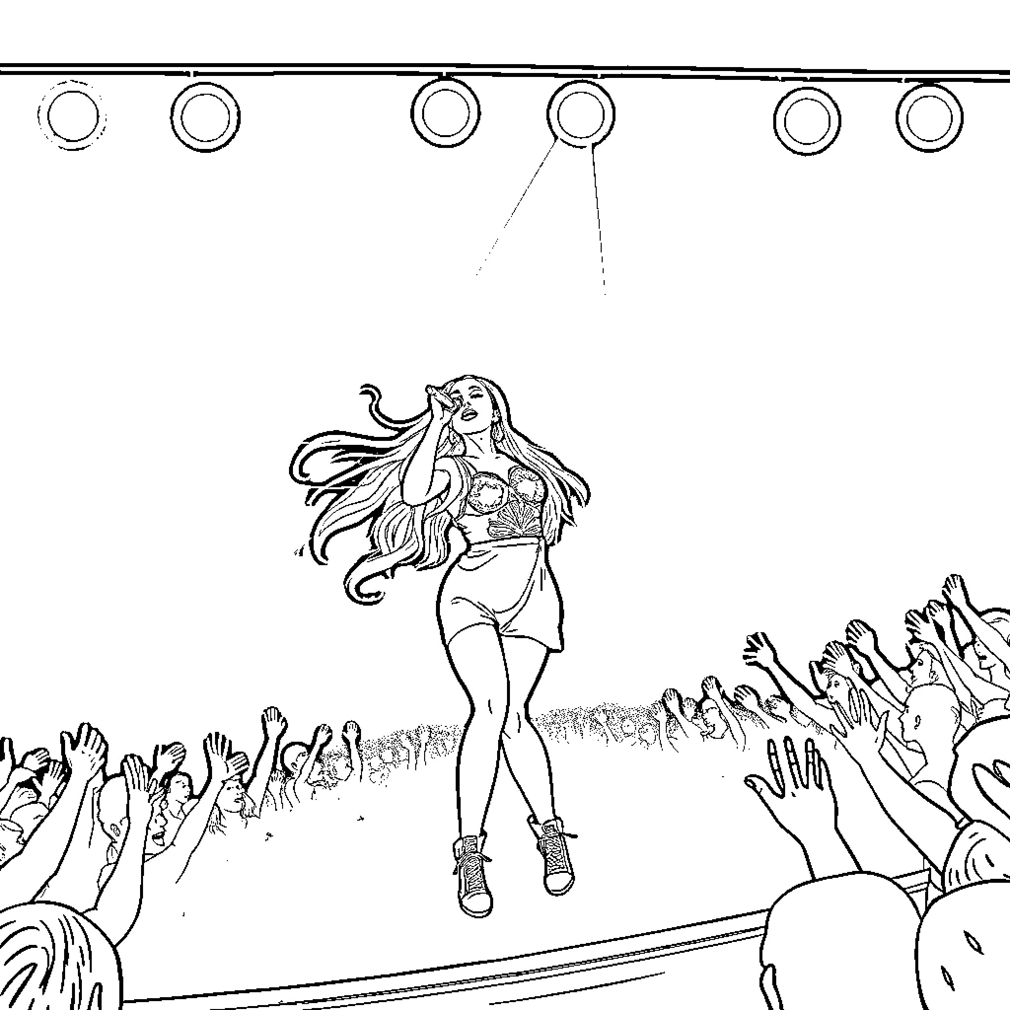 Ariana Grande performing energetically on stage Coloring Page (free black-and-white line drawing printable PDF for all, from beginners to advanced learners, including children, teens, adults, and seniors)