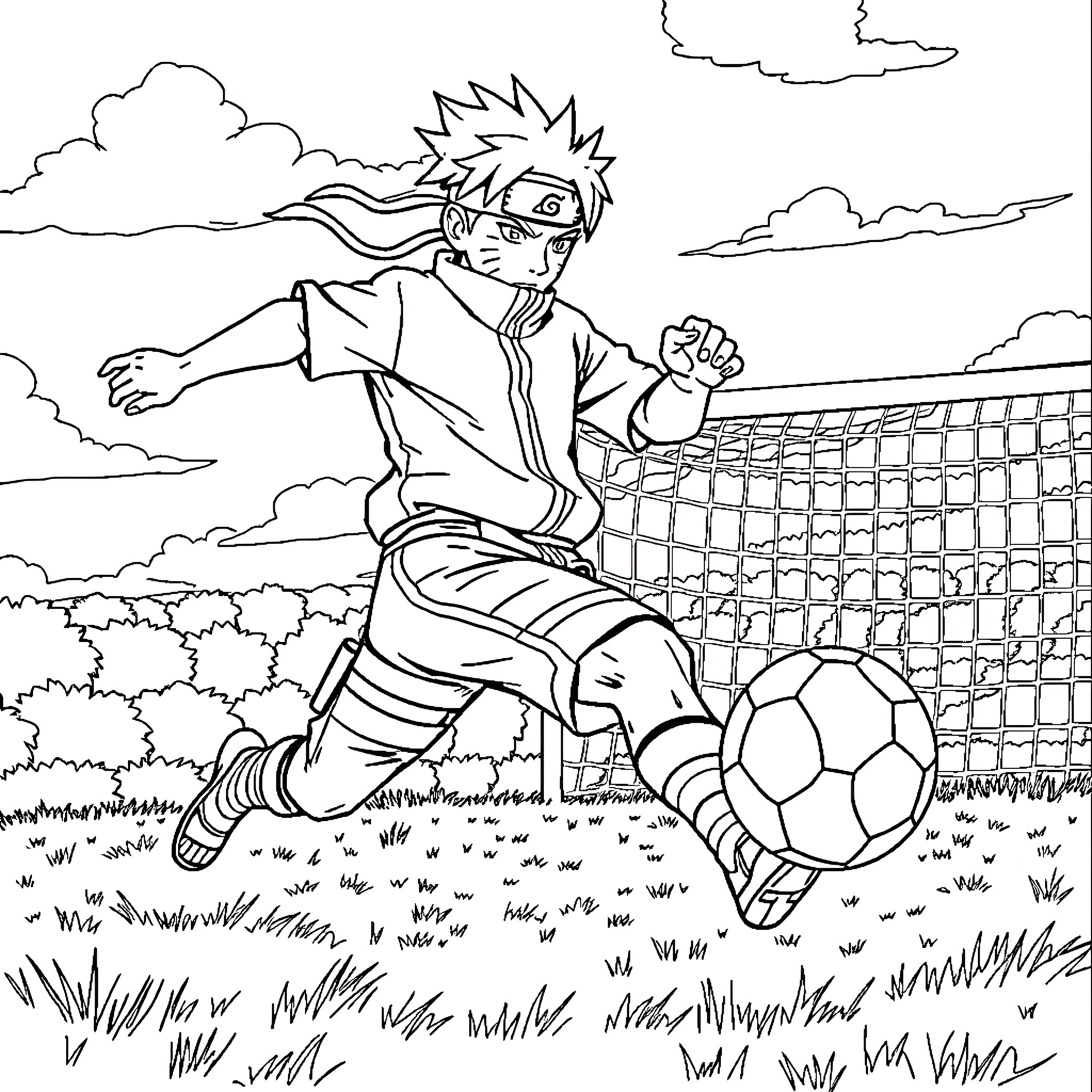 Naruto Playing Soccer Energetically in the Outdoors Coloring Page (free black-and-white line drawing printable PDF for all, from beginners to advanced learners, including children, teens, adults, and seniors)