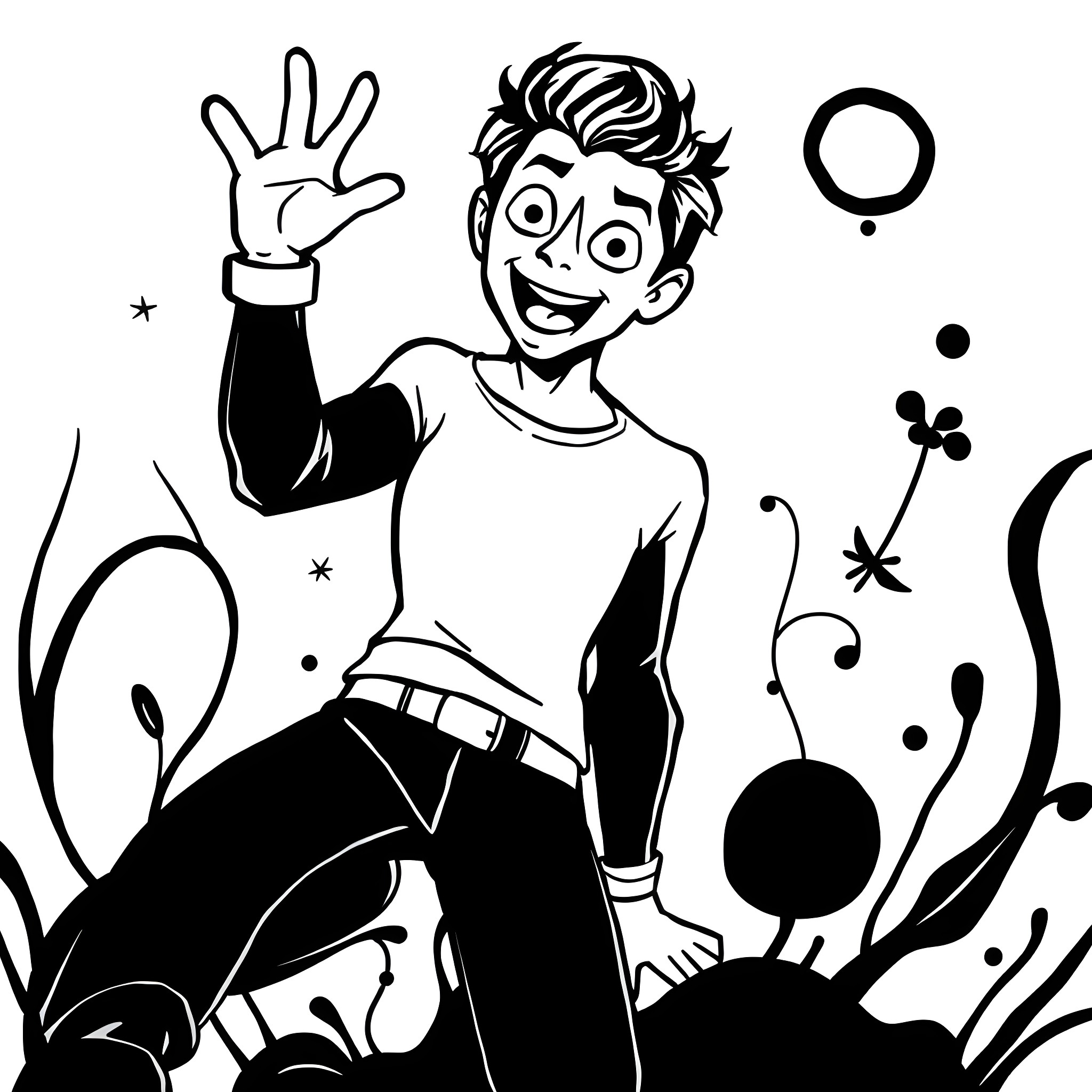 Tom Holland as cheerful and expressive comic book character Coloring Page (free black-and-white line drawing printable PDF for all, from beginners to advanced learners, including children, teens, adults, and seniors)