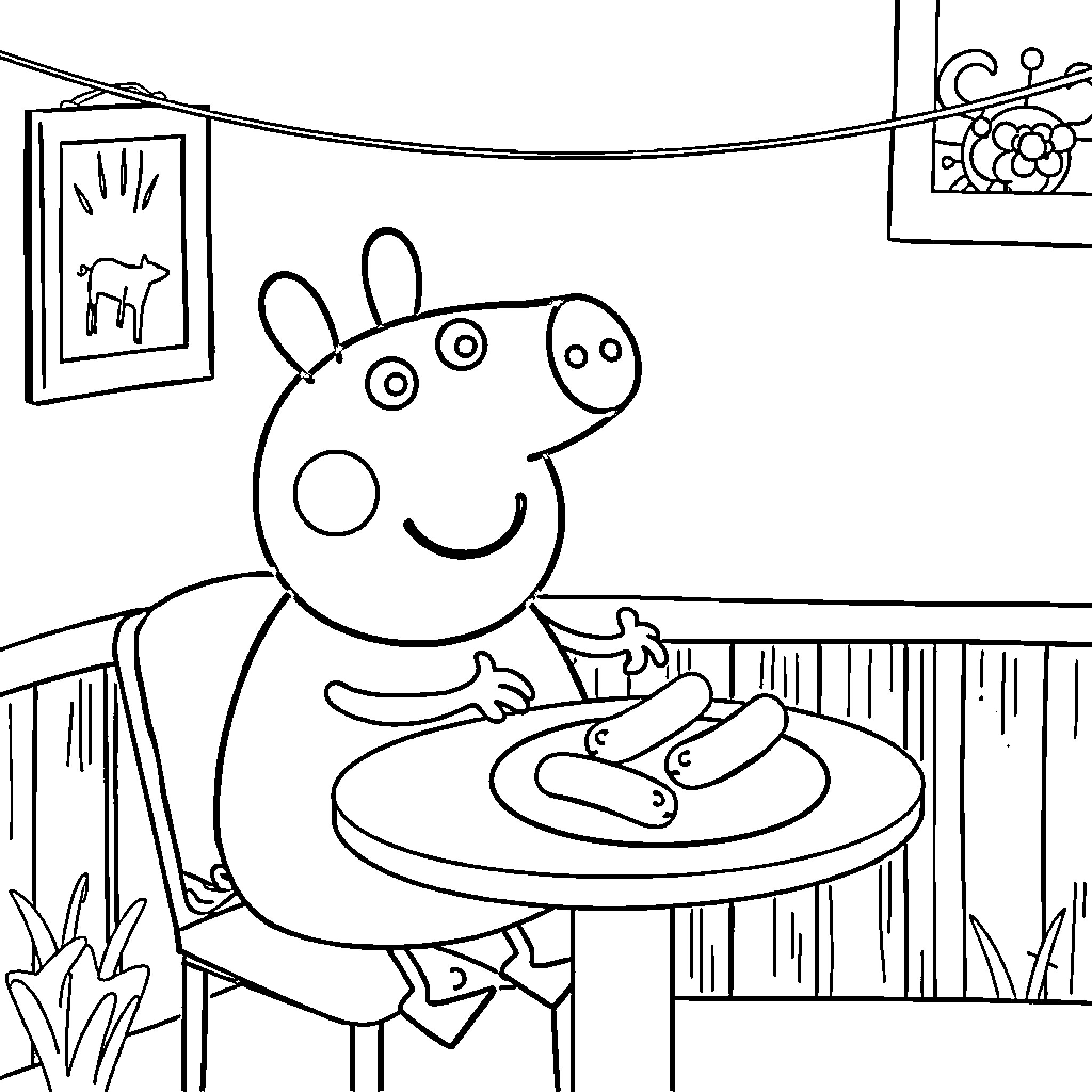 Peppa Pig enjoying a snack at home Coloring Page (free black-and-white line drawing printable PDF for all, from beginners to advanced learners, including children, teens, adults, and seniors)