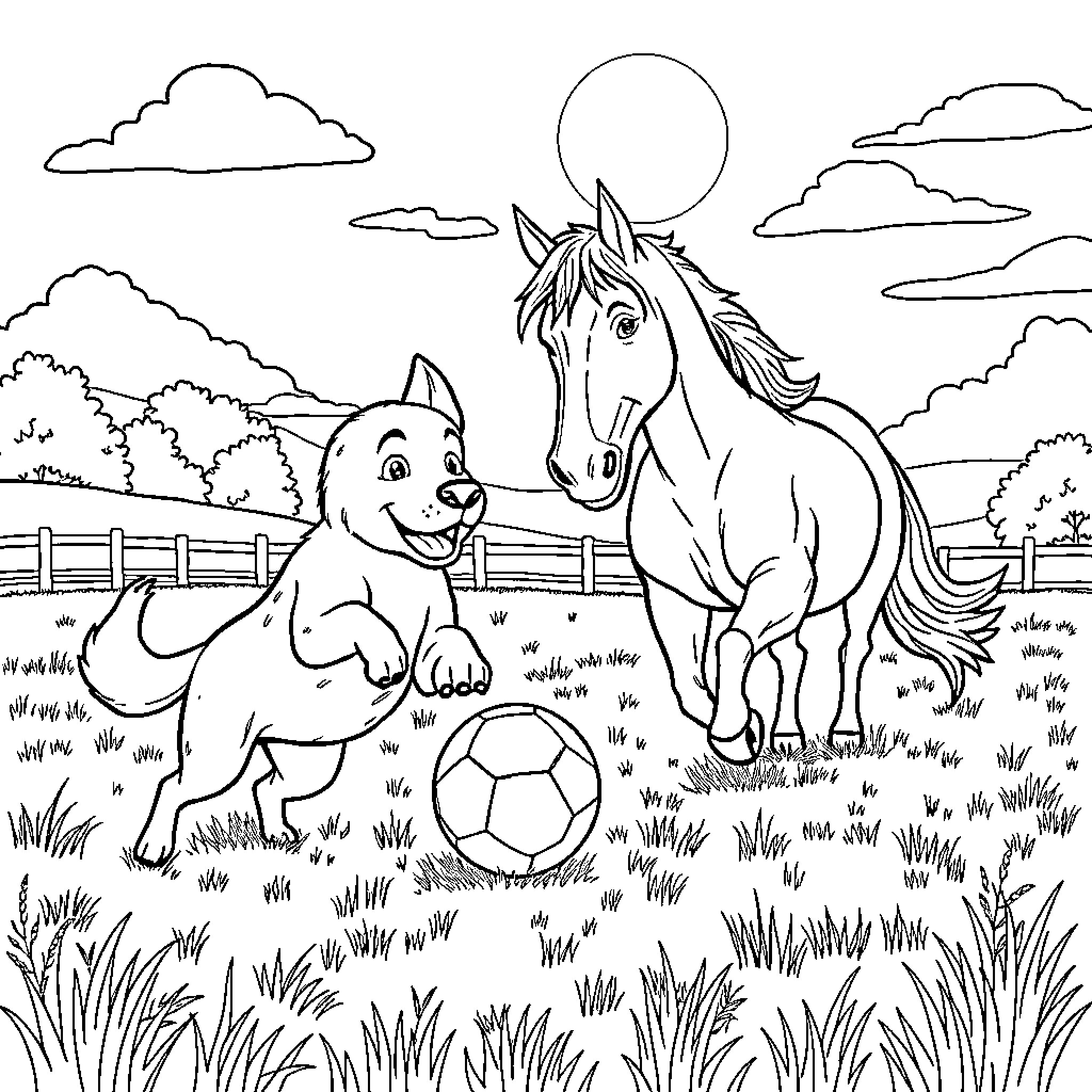 Dog and Horse Playing Happily in the Pasture Coloring Page (free black-and-white line drawing printable PDF for all, from beginners to advanced learners, including children, teens, adults, and seniors)