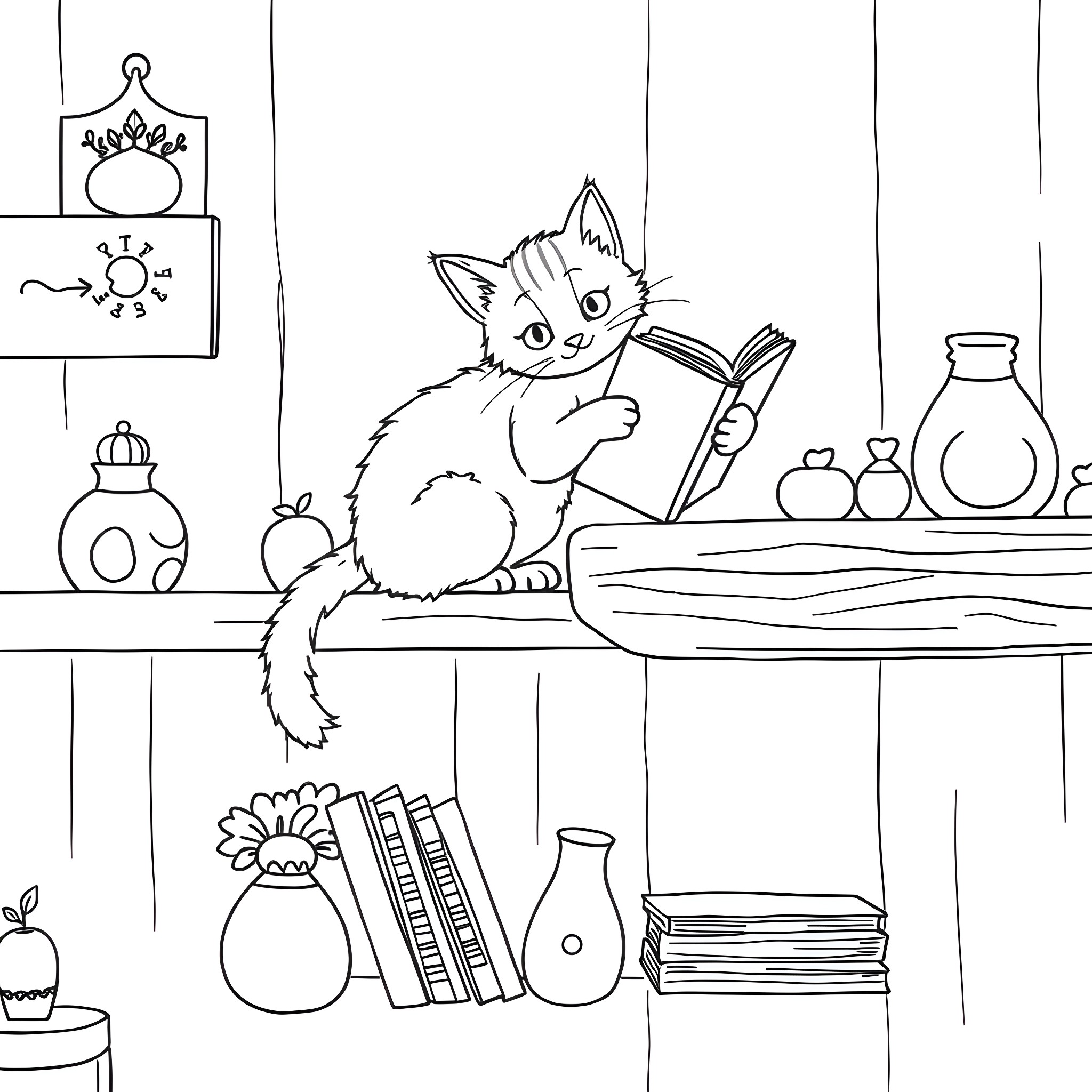 Cat reading a book on a table Coloring Page (free black-and-white line drawing printable PDF for all, from beginners to advanced learners, including children, teens, adults, and seniors)