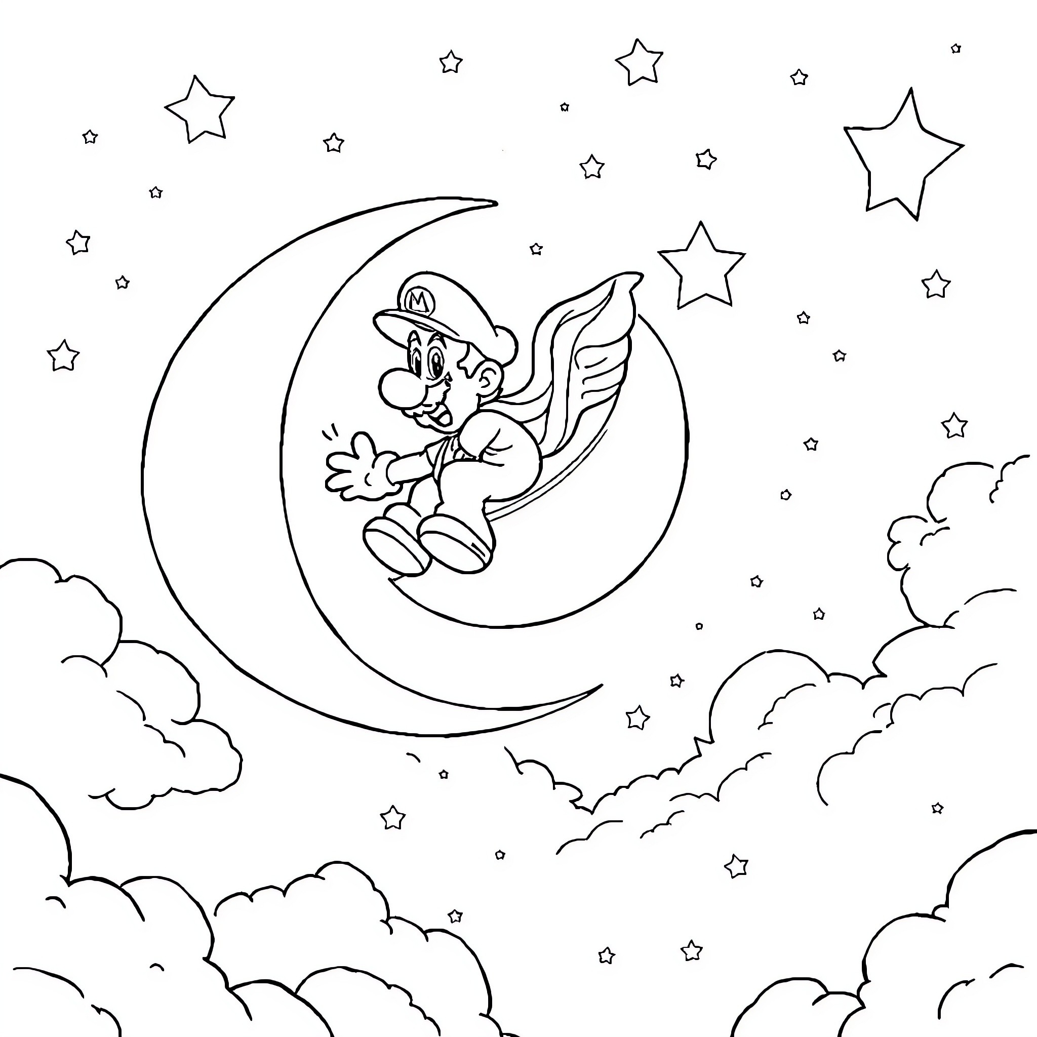 Mario's Starry Night Adventure Coloring Page (free black-and-white line drawing printable PDF for all, from beginners to advanced learners, including children, teens, adults, and seniors)