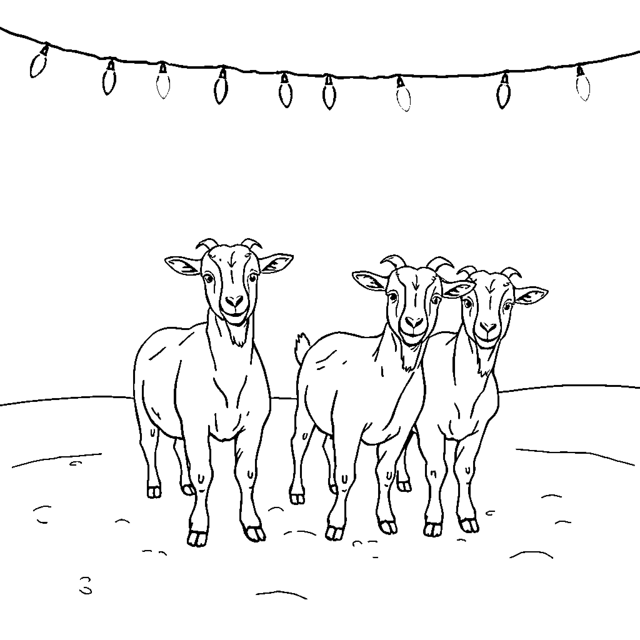 Lamancha Goats standing together under festive lights Coloring Page (free black-and-white line drawing printable PDF for all, from beginners to advanced learners, including children, teens, adults, and seniors)