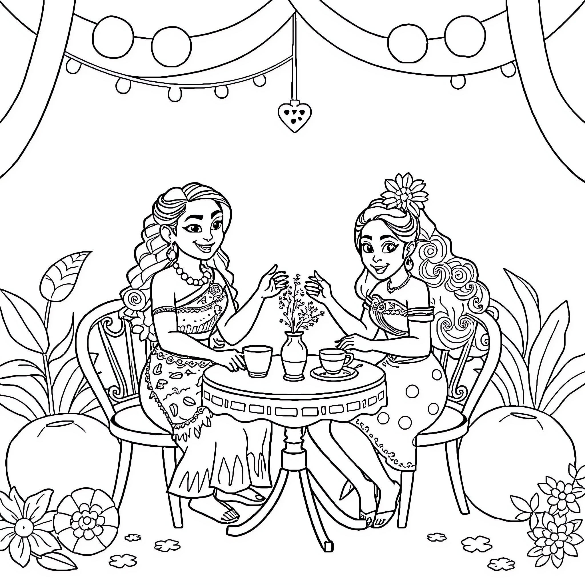 Moana and Tiana Enjoying a Cozy Picnic Coloring Page (free black-and-white line drawing printable PDF for all, from beginners to advanced learners, including children, teens, adults, and seniors)