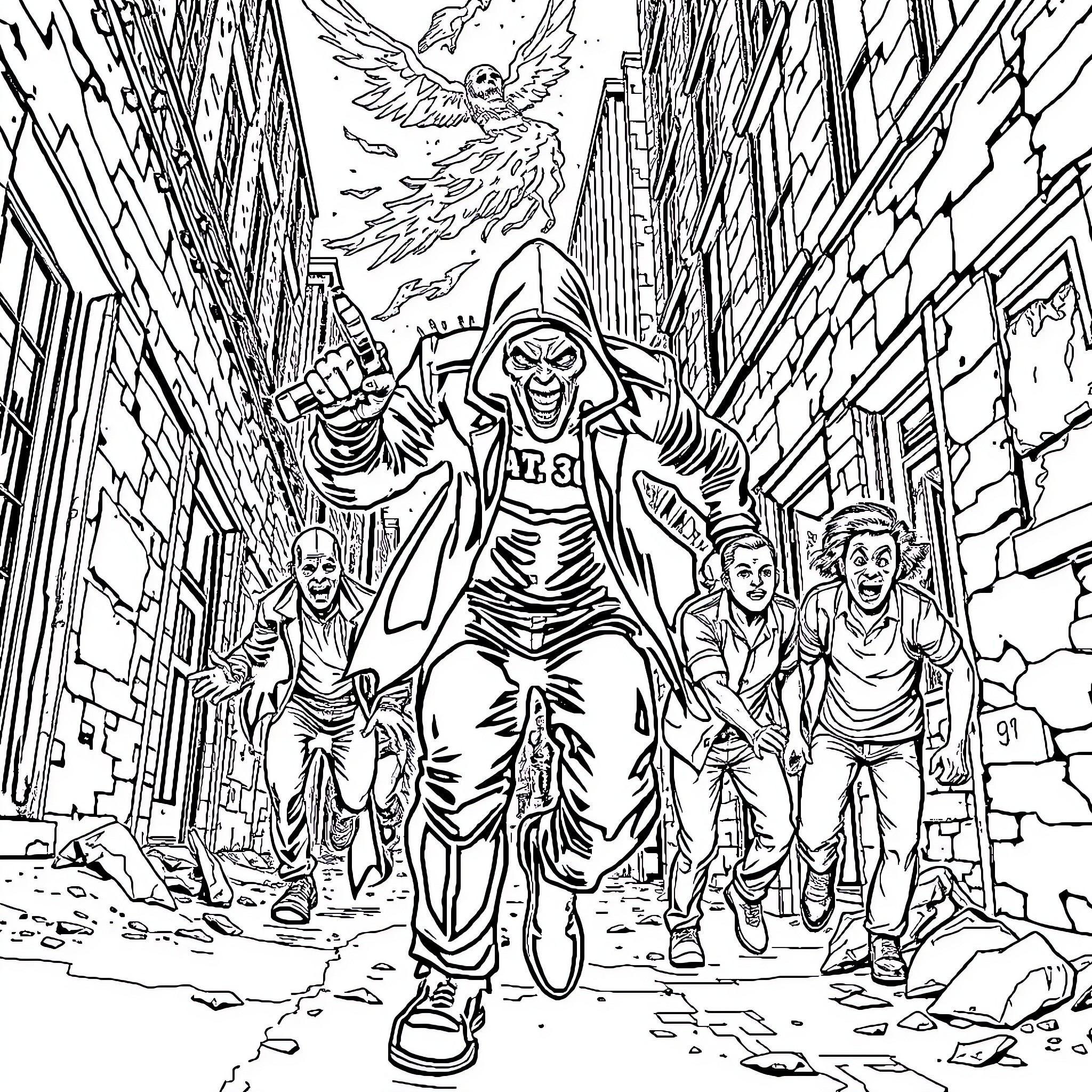 Asset of Individuals Fleeing from Danger in Urban Setting Coloring Page (free black-and-white line drawing printable PDF for all, from beginners to advanced learners, including children, teens, adults, and seniors)