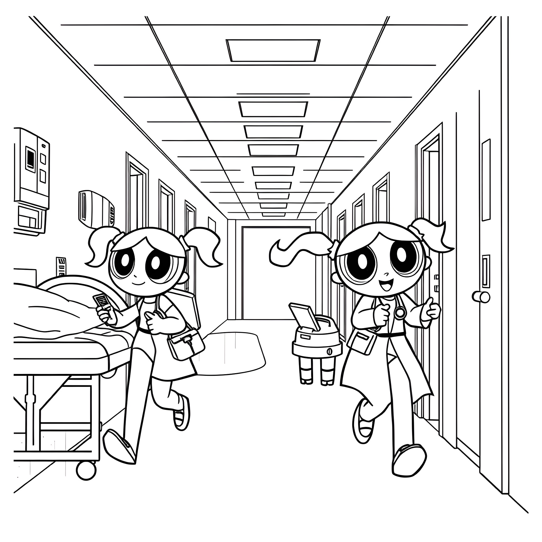 Powerpuff Girls in a School Hallway Coloring Page (free black-and-white line drawing printable PDF for all, from beginners to advanced learners, including children, teens, adults, and seniors)